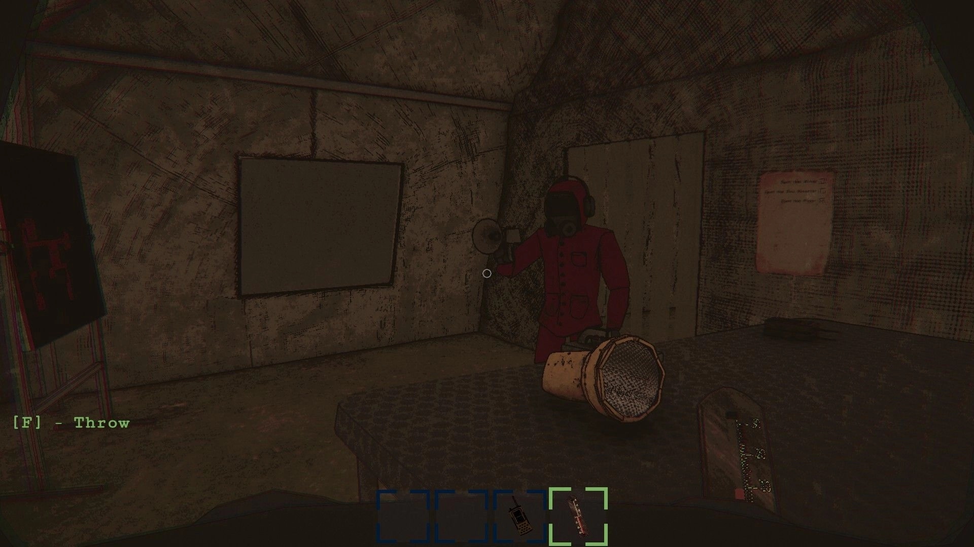 HAUNTMATES: Red hazmat teammate aims a flashlight by a bed, “[F] Throw” prompt in grimy room.
