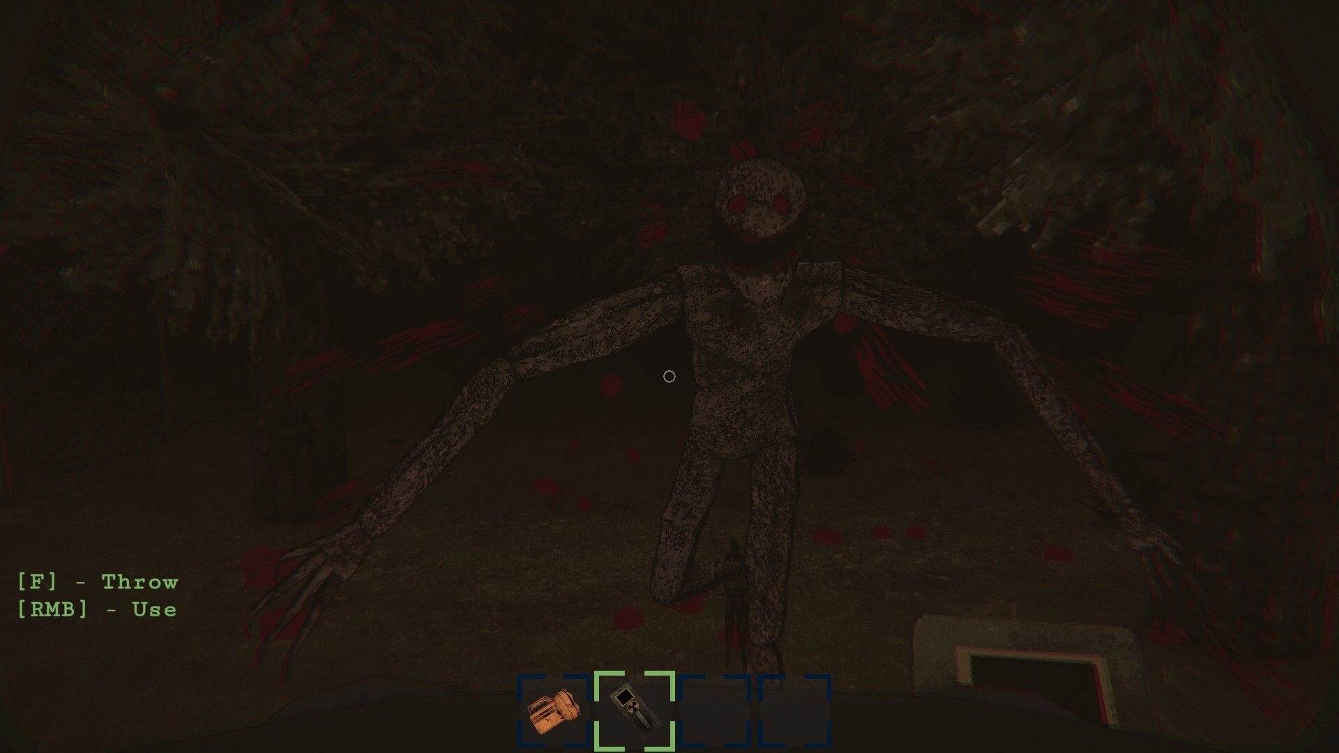 HAUNTMATES: Long-armed monster lunges at crosshair with throw/use prompts in dark woods.