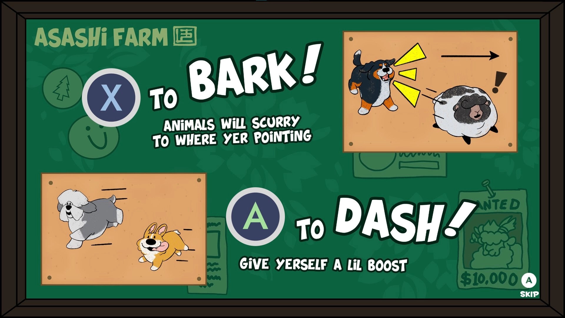 Have You Herd?: Tutorial screen shows barking and dashing commands for herding dogs at Asashi Farm.