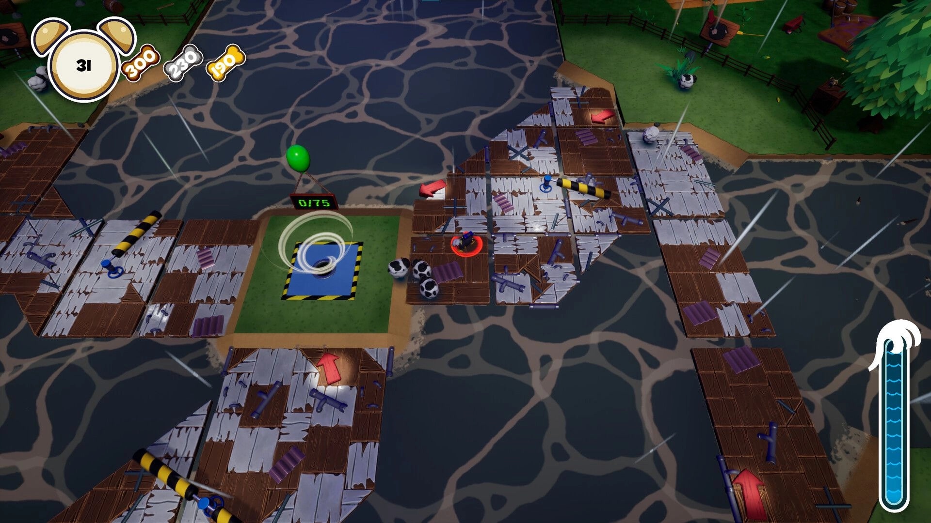 Have You Herd?: Cowboy Maloy and dogs navigate wooden platforms over water collecting sheep in co-op level.