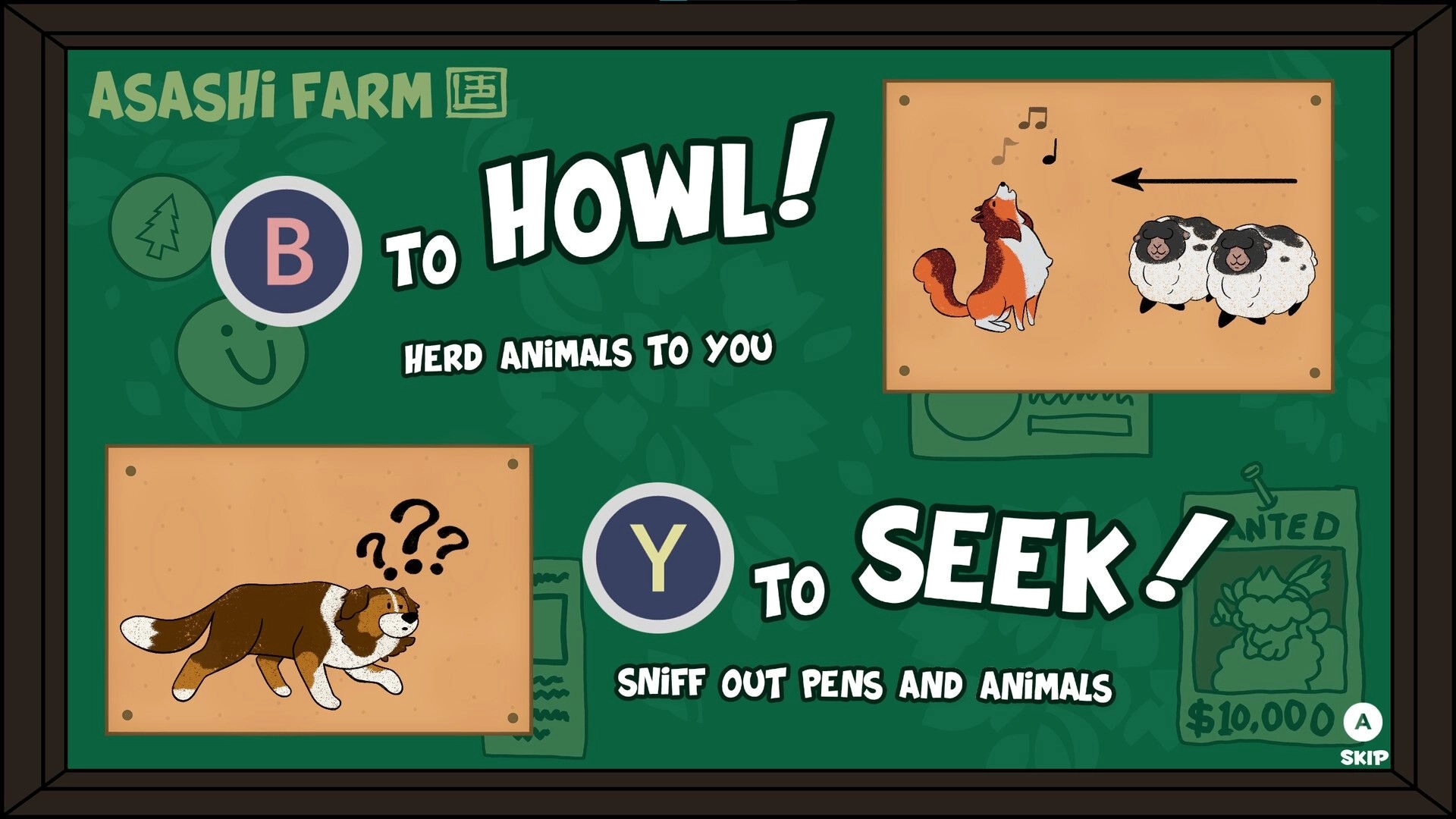 Have You Herd?: Tutorial screen showing "B" to howl and "Y" to seek commands at Asashi Farm.
