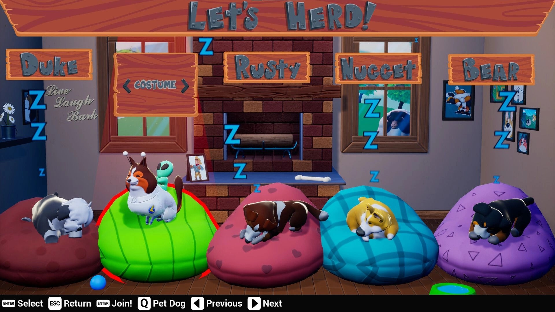 Have You Herd?: Four herding dogs nap on colorful bean bags in a cozy room with character name tags.