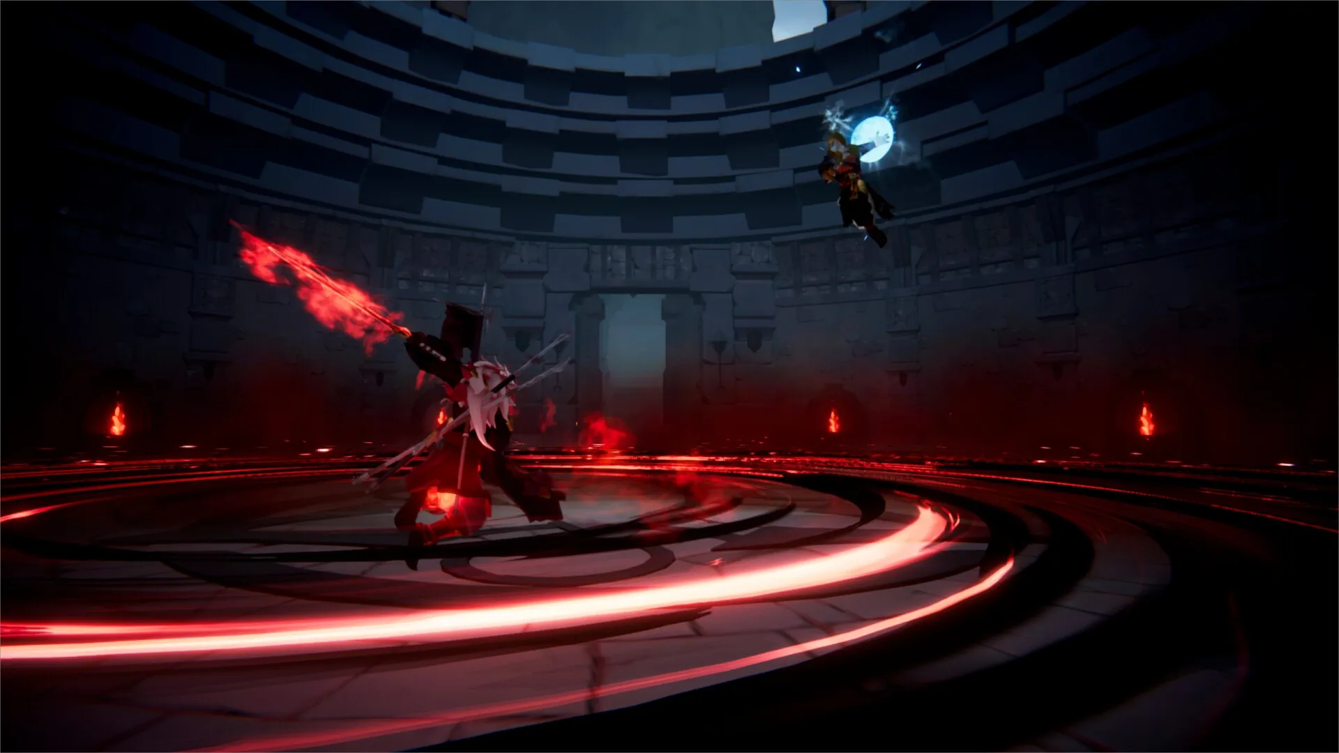 Havenhold: Intense combat with warrior monk in fiery arena casting red and blue magical attacks