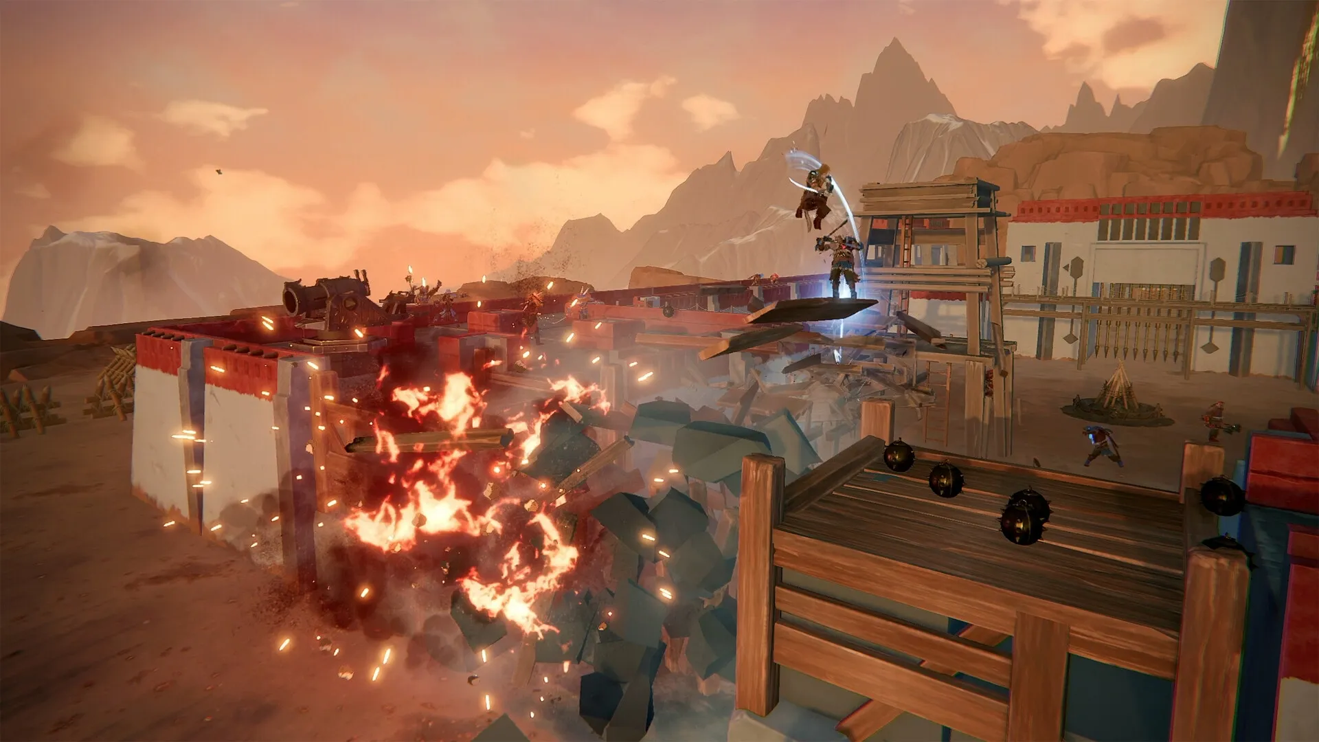 Havenhold: Intense battle scene with explosions and warriors in a desert fortress setting at dusk.