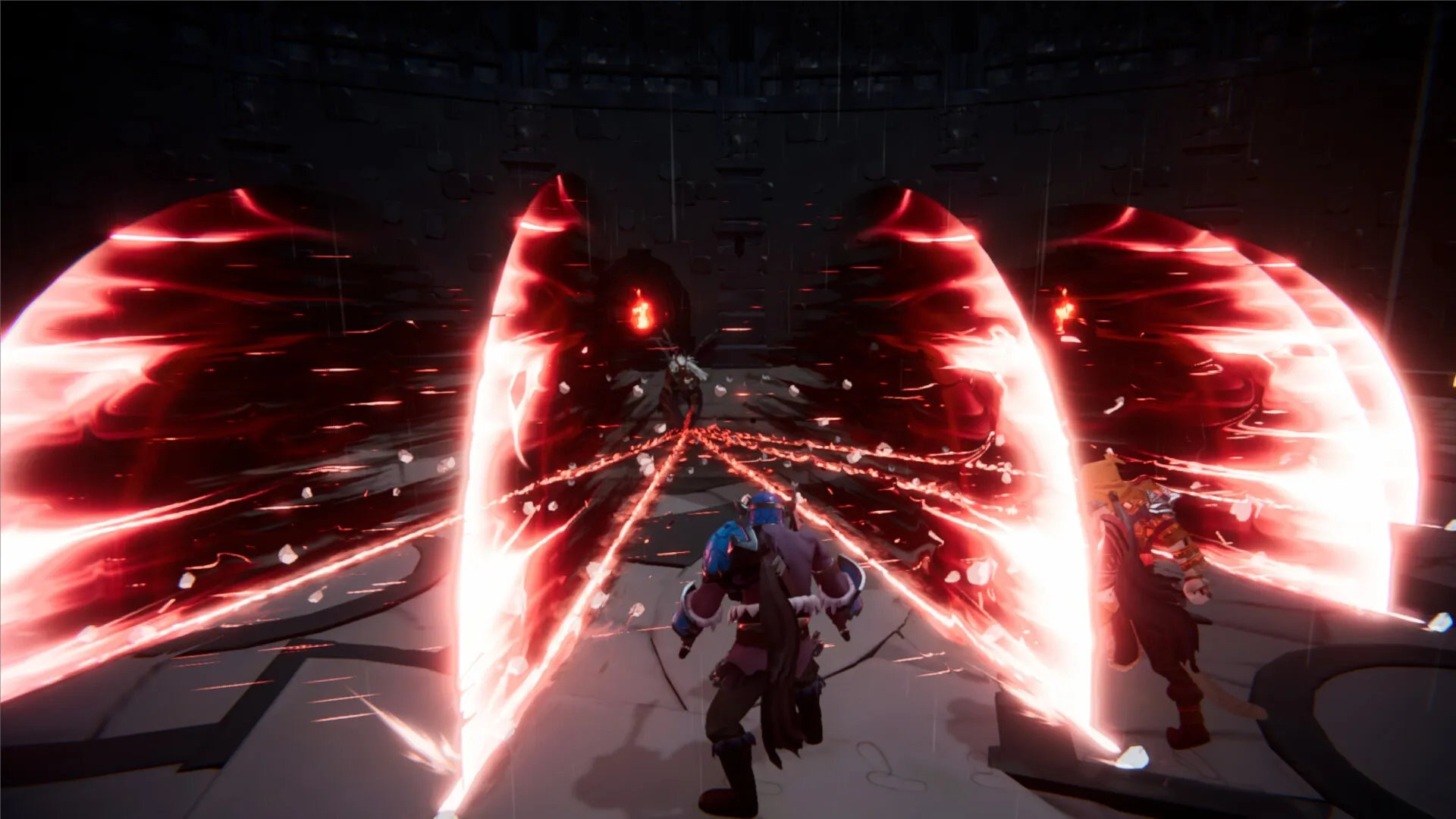 Havenhold: Warrior monks unleashing red energy attacks in a dark, mystical arena setting