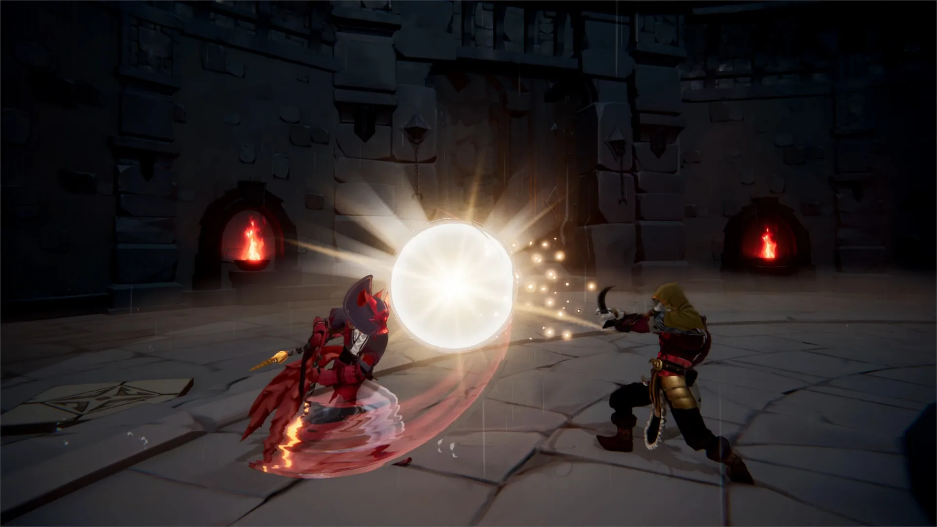 Havenhold: Two warriors engaged in combat, exchanging powerful attacks in a dimly lit stone arena.