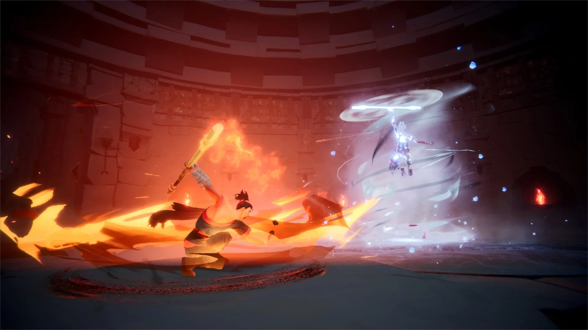 Havenhold: Fiery warrior monk battling ice opponent in ancient arena with swirling elemental powers