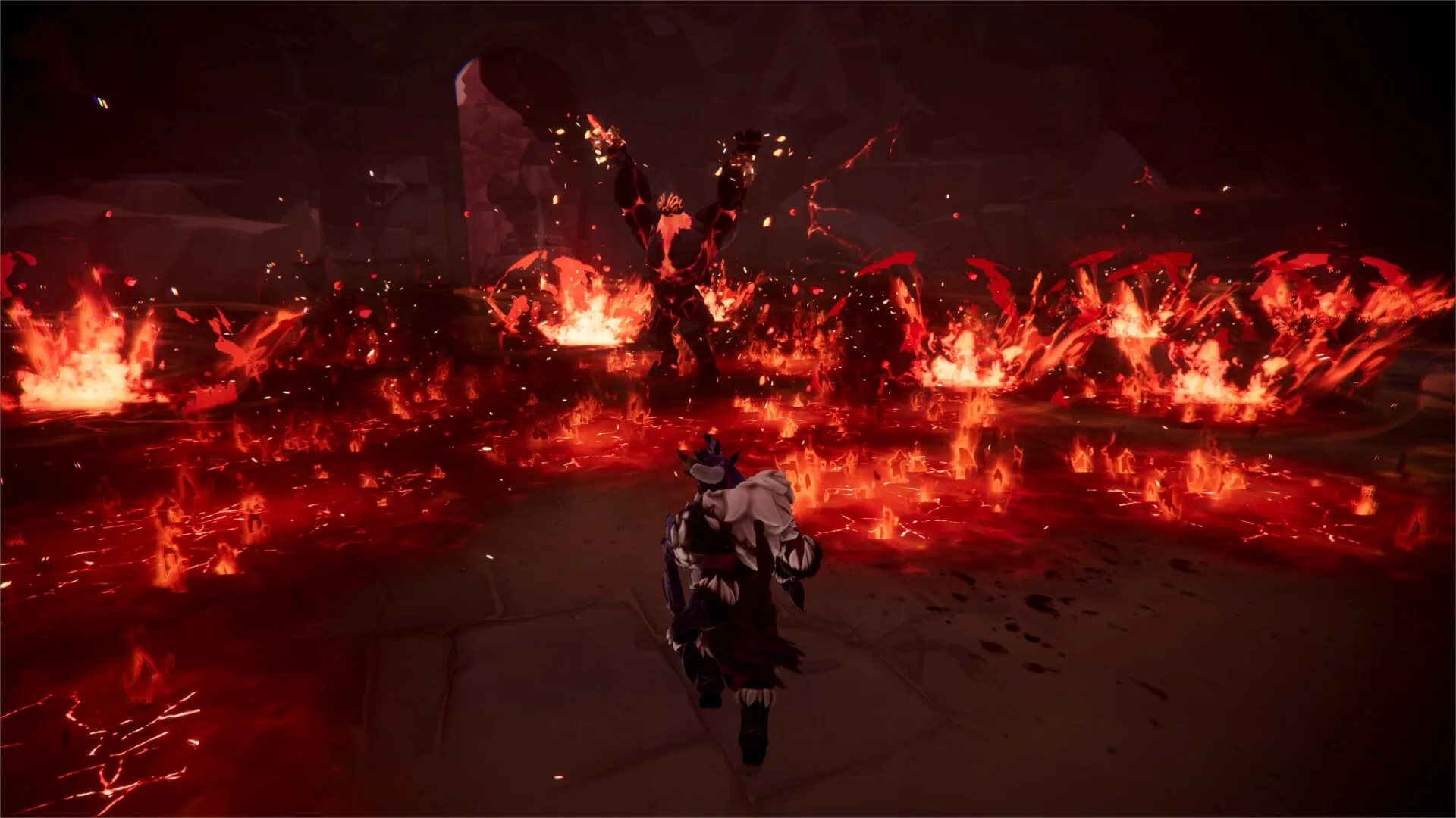 Havenhold: Warrior monk approaches fiery enemy in a dark cave environment filled with flames