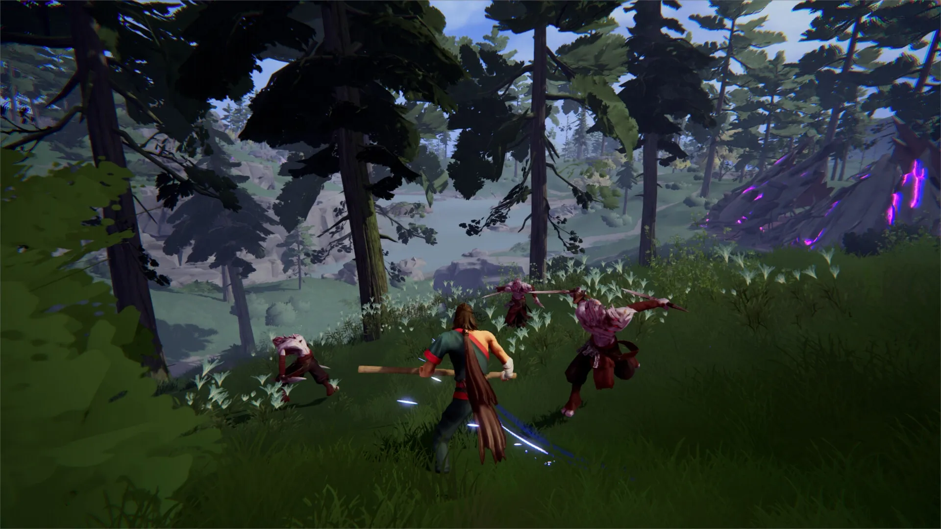 Havenhold: Warrior monk battling enemies in a lush forest with towering trees and mystical purple rocks