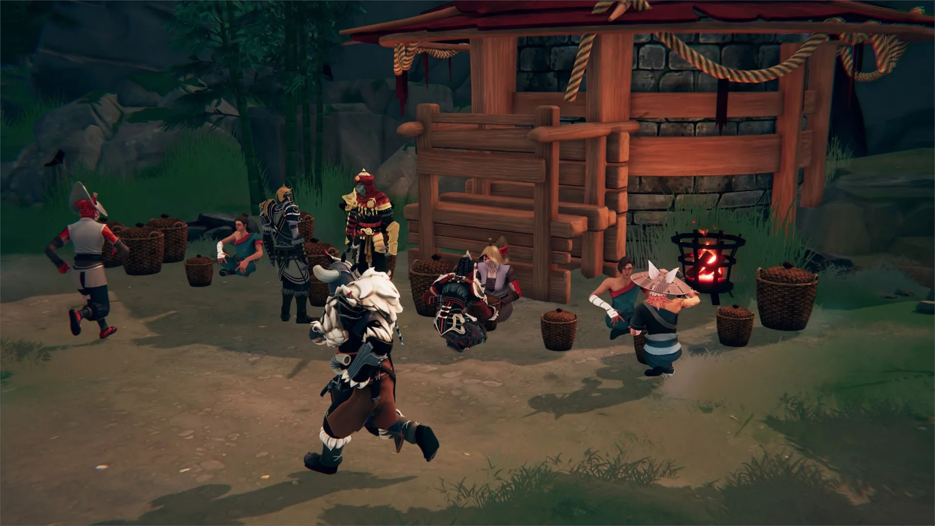 Havenhold: Characters gather at a rustic village trading post with baskets and a glowing fire nearby.