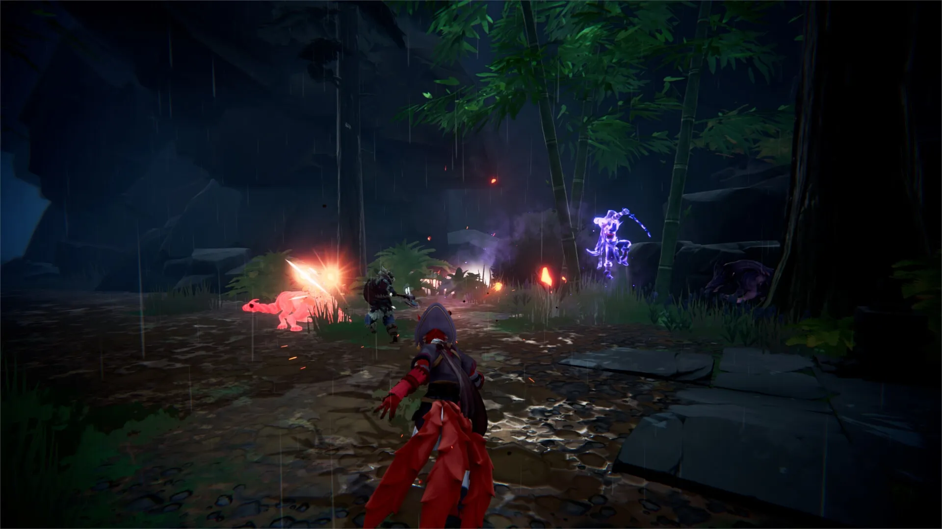 Havenhold: Warrior monk battles magical foes in a dark bamboo forest with glowing effects
