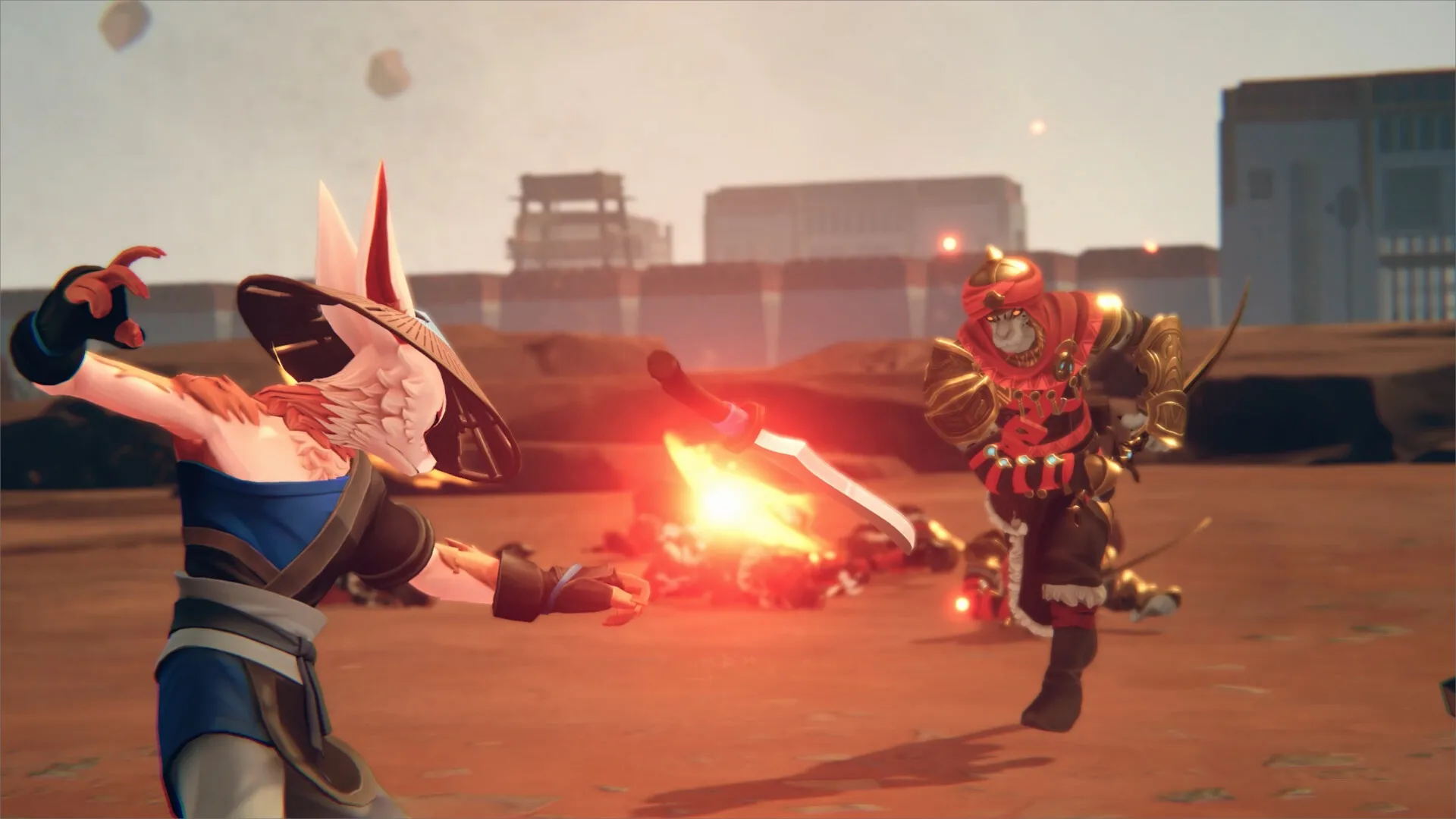 Havenhold: Intense battle between warrior monk and armored enemy on a dusty battlefield