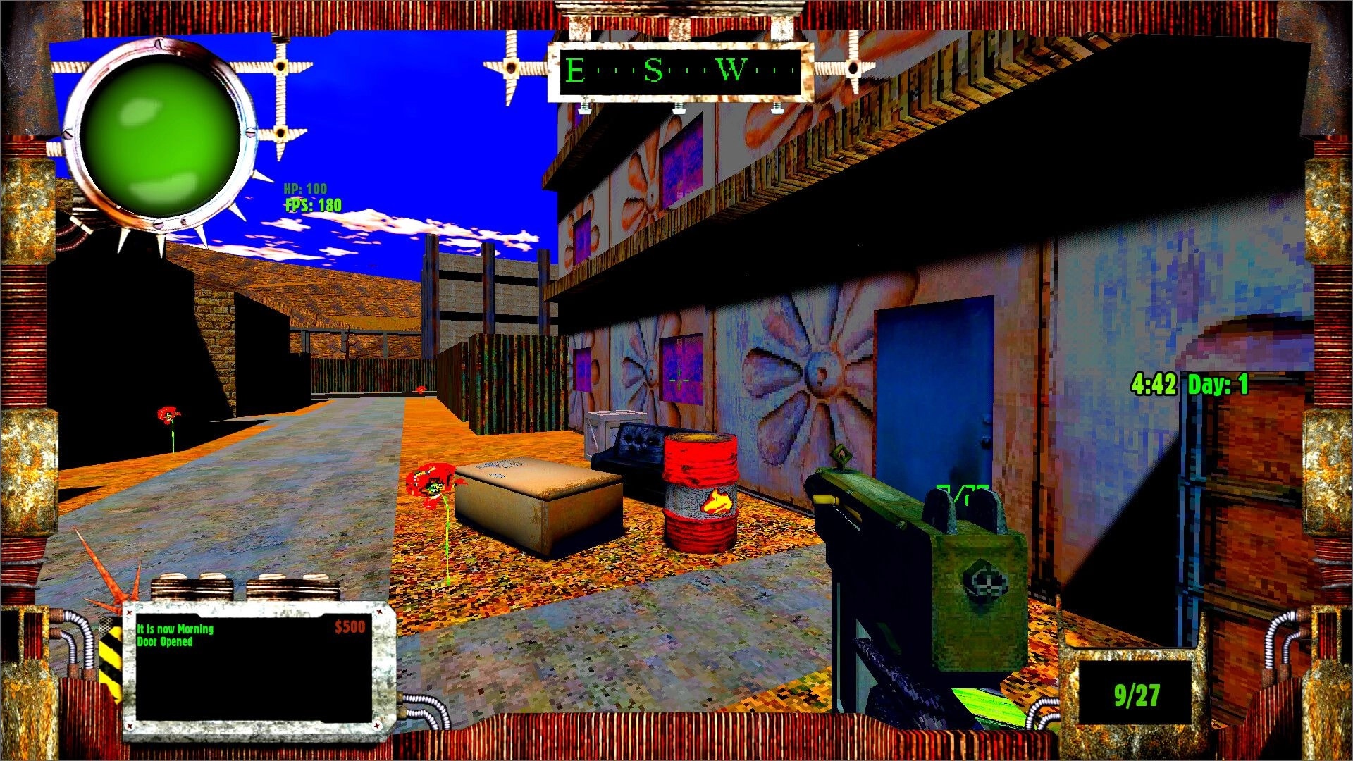 HAVKER-MAN X: First-person view aiming pistol by graffiti wall, HUD shows HP 100 and ammo 9/27.