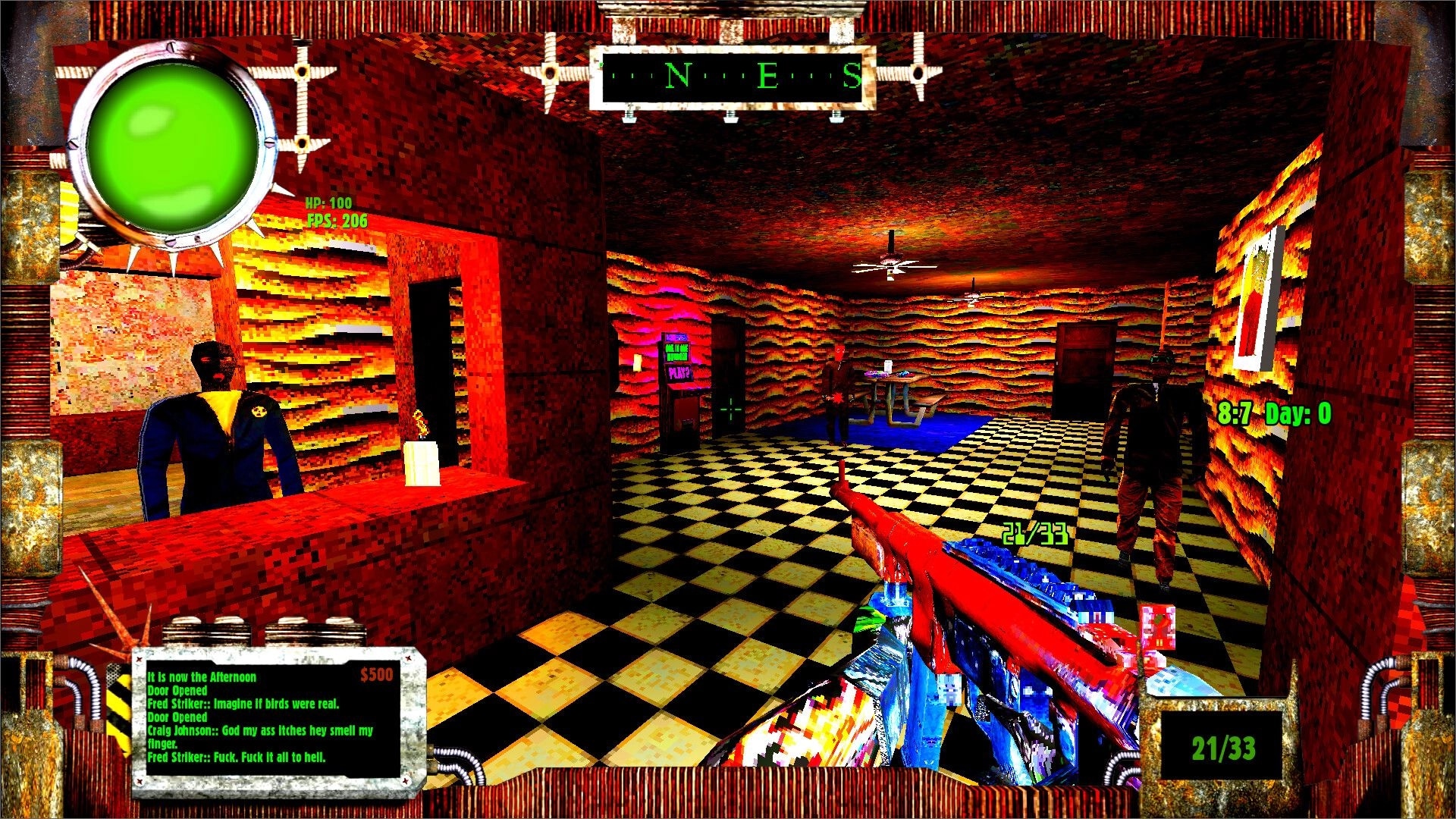 HAVKER-MAN X: First-person shotgun aim in neon bar with NPCs, checker floor, HP and ammo UI.