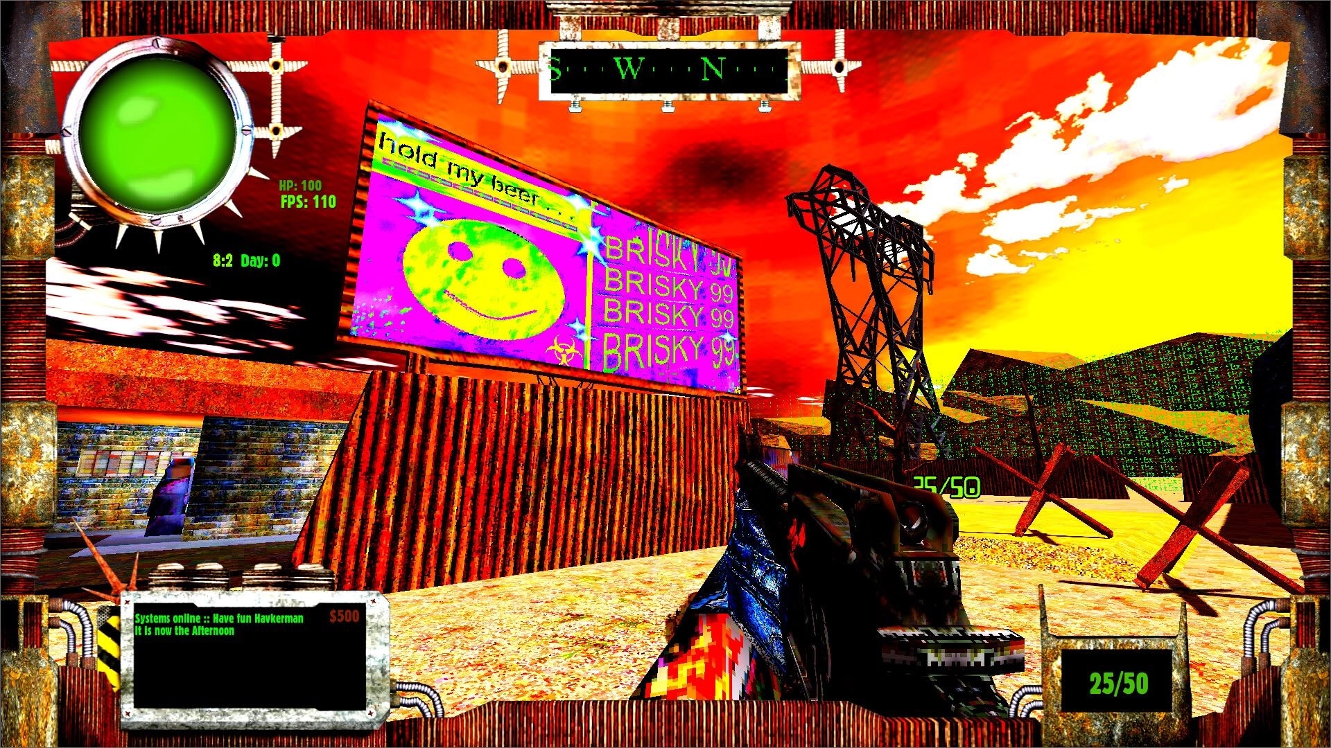 HAVKER-MAN X: First-person view aiming rifle at neon billboard in desert outpost, HUD ammo 25/50.