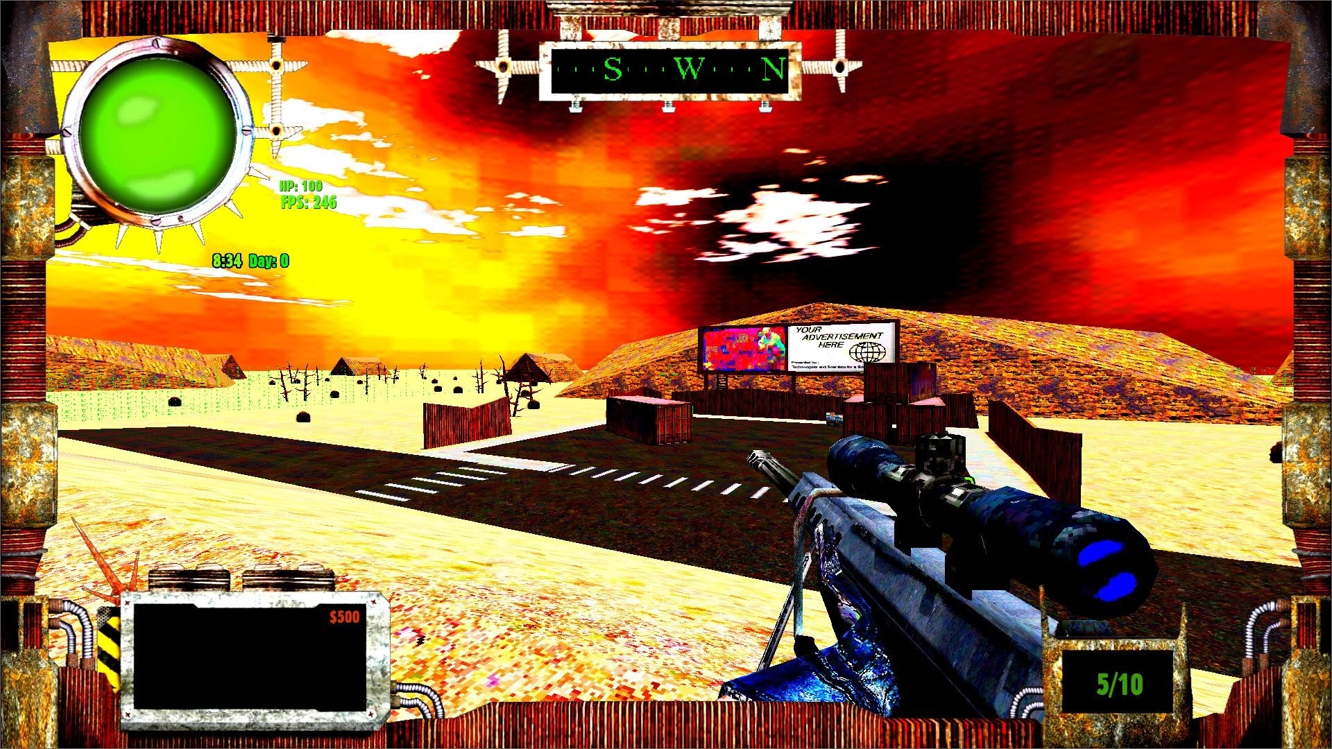 HAVKER-MAN X: Sniper rifle aimed over desert road and shacks under red sky, HUD compass and ammo 5/10.