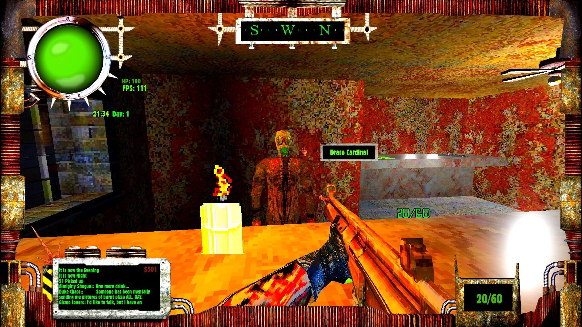 HAVKER-MAN X: First-person gun aimed at Draco Cardinal behind a counter in grimy red room UI HUD visible.