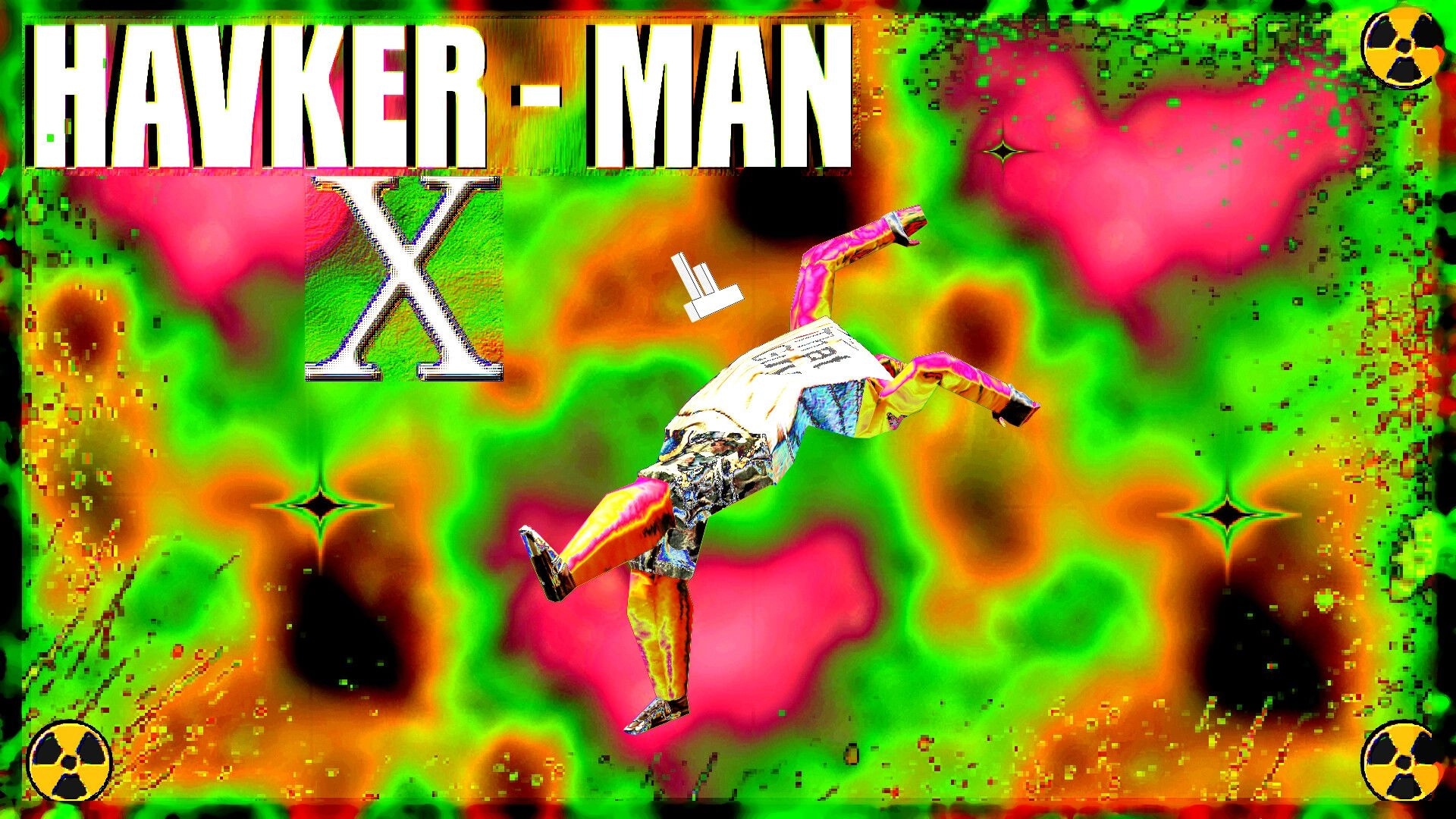 HAVKER-MAN X: Title screen with giant logo and ragdoll body floating over neon toxic swirl backdrop.