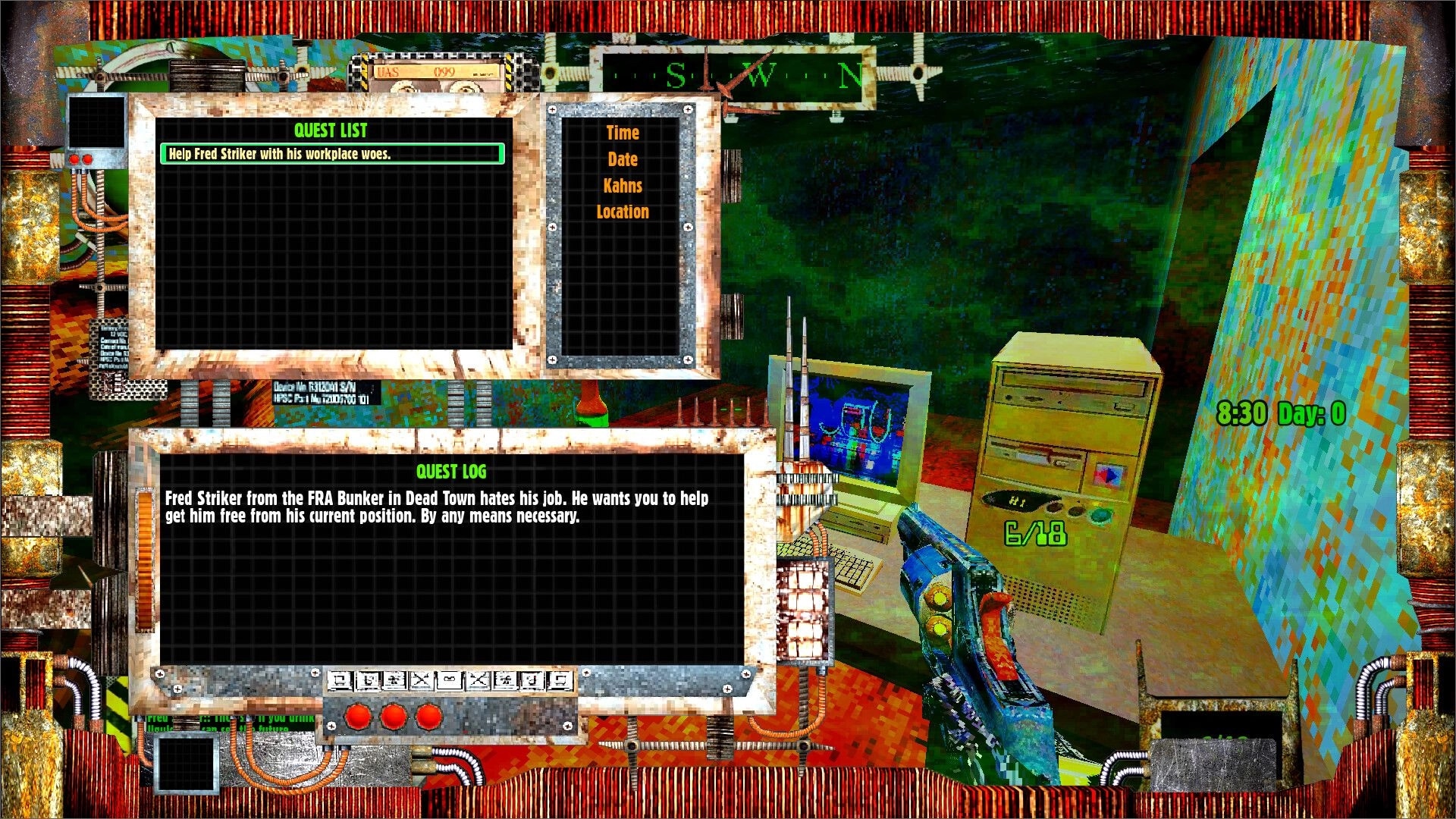 HAVKER-MAN X: Quest list and log open in FPS view, pistol aimed at a desk PC, 8:30 HUD.