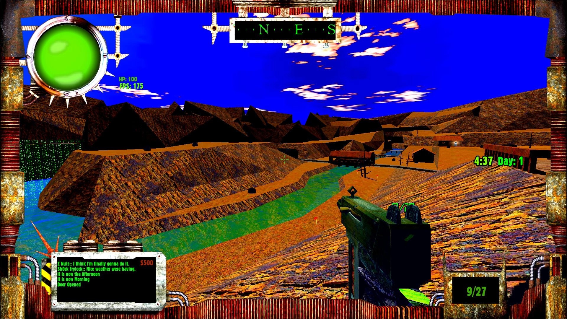 HAVKER-MAN X: First-person view aiming a gun over a canyon river toward a small town, HUD time ammo.