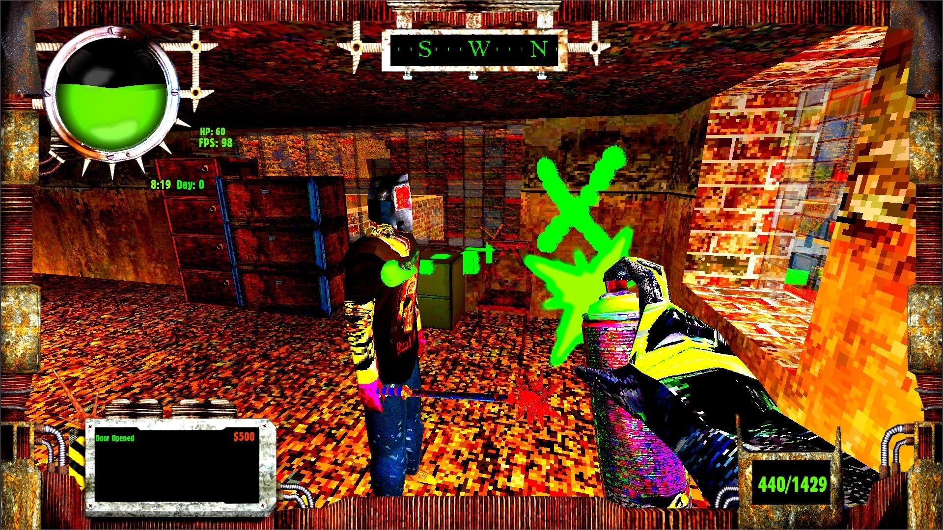 HAVKER-MAN X: First-person spray attack on NPC in cluttered room, HUD shows HP, time, ammo count.
