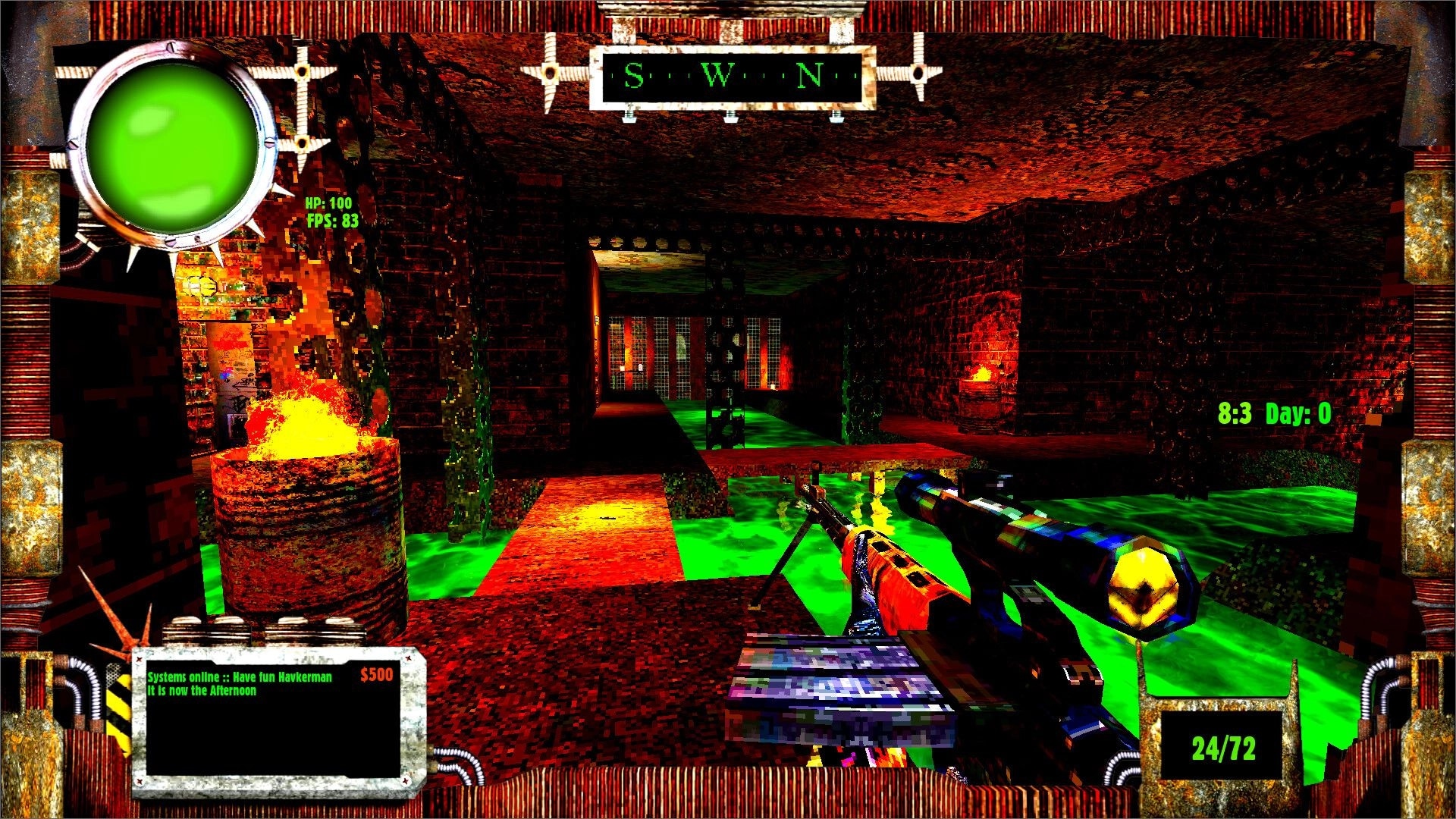 HAVKER-MAN X: First-person rifle view in brick sewer with toxic green water, HUD ammo 24/72, HP 100.