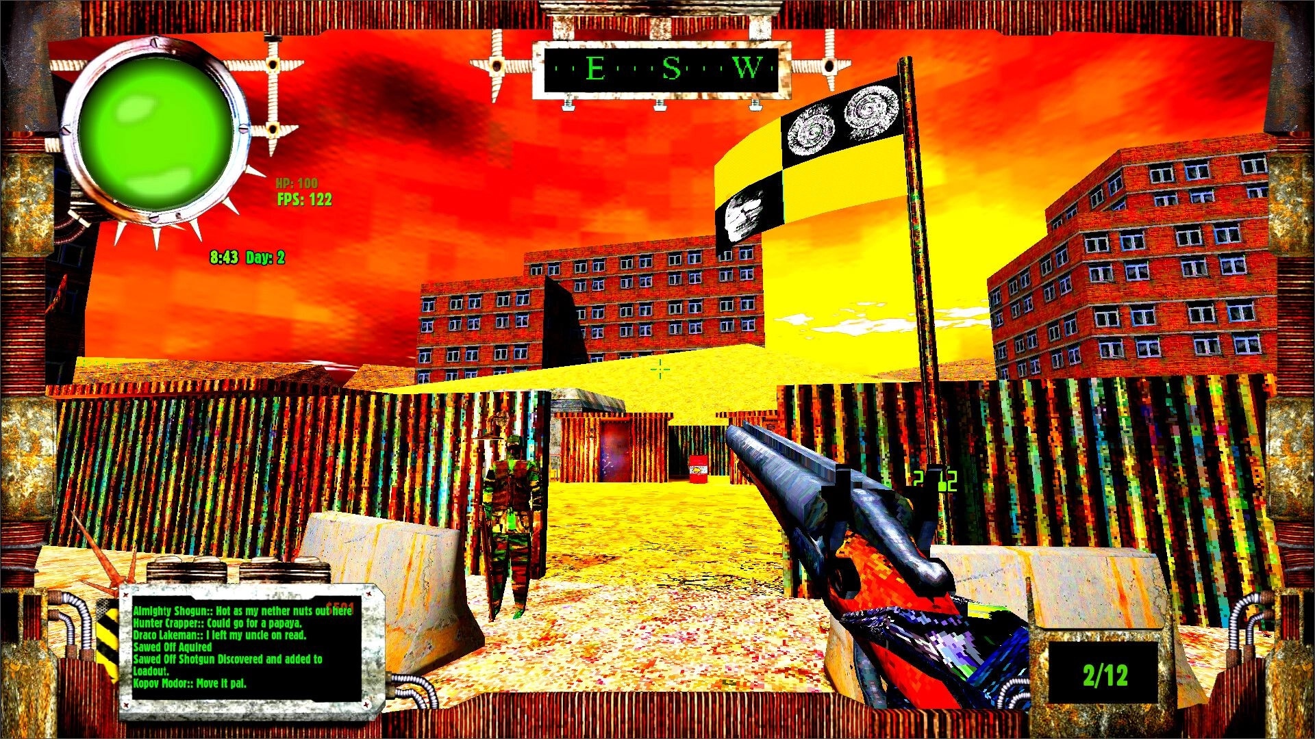 HAVKER-MAN X: First-person shotgun aimed at guard in fenced yard, HUD compass, HP and ammo 2/12.