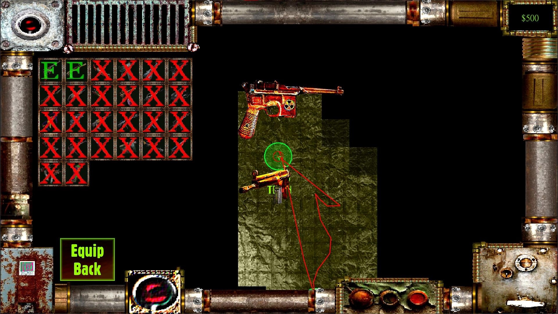 HAVKER-MAN X: Inventory equip screen with pistol and SMG icons, grid slots, $500 and Equip Back button.