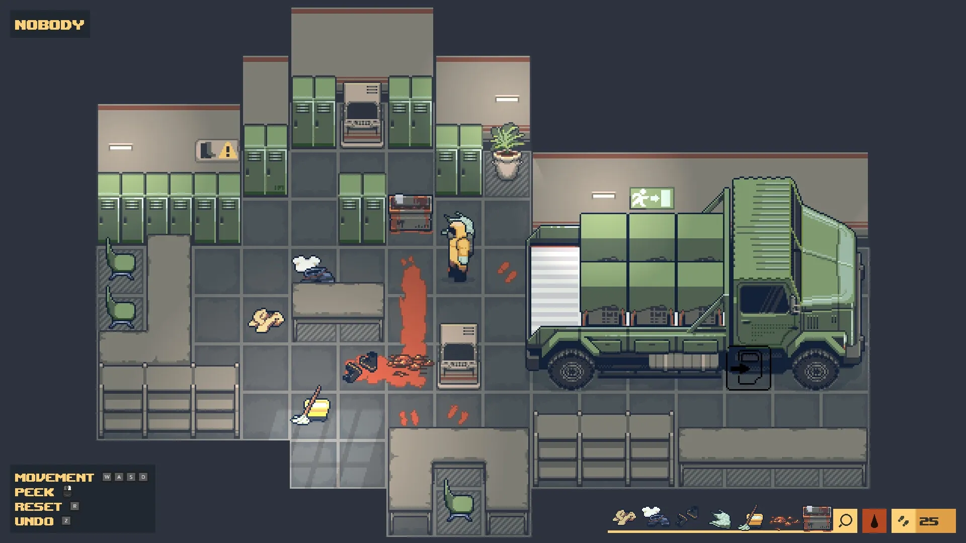Hazard Pay: Character in yellow suit cleans blood near truck in a secret laboratory storage area.