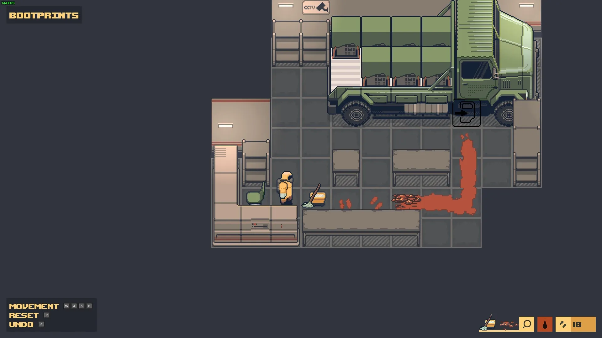 Hazard Pay: Character in hazmat suit mopping blood near truck in a dimly lit laboratory room.