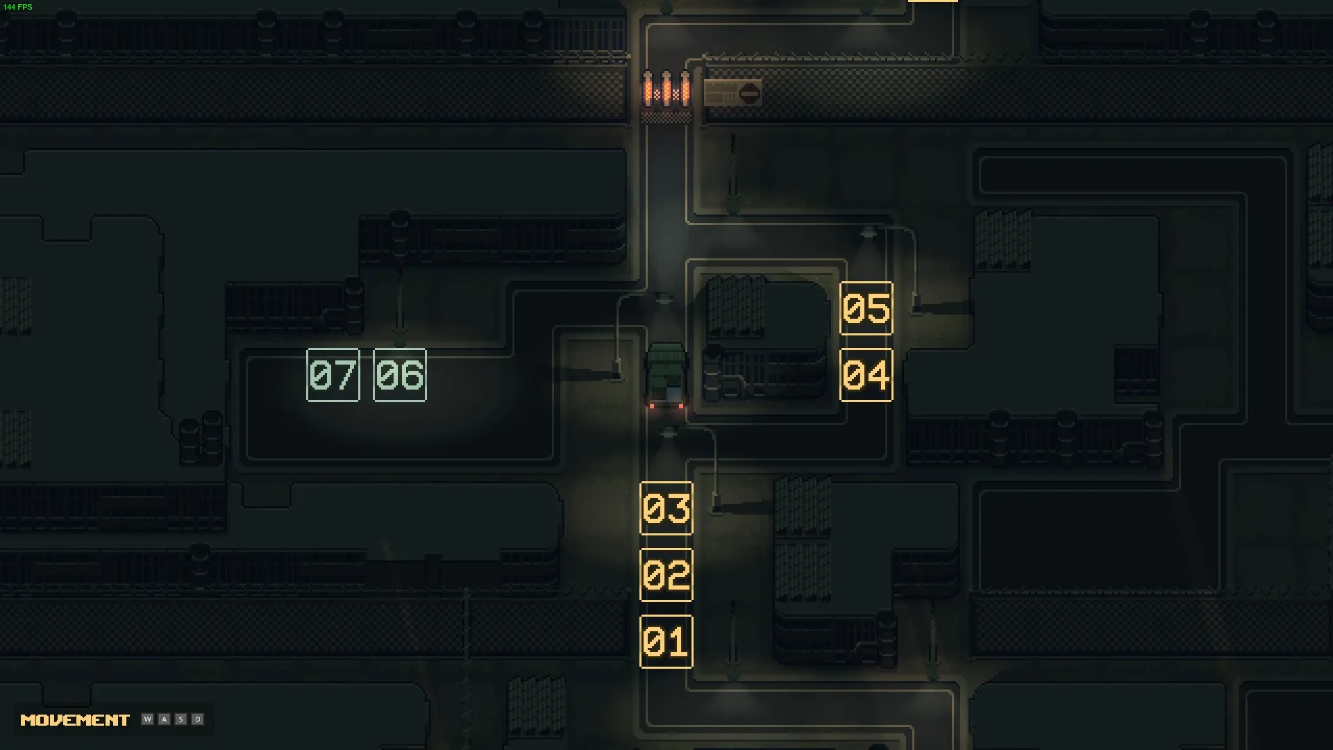 Hazard Pay: Overhead view of a dark laboratory complex with numbered blocks and movement controls visible
