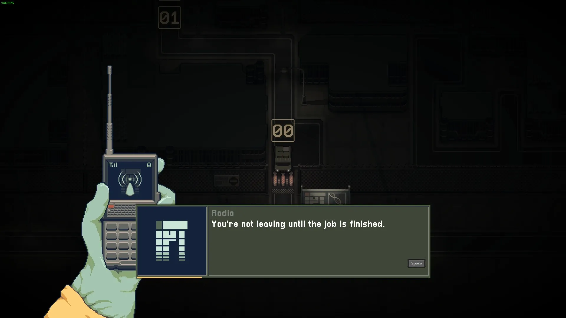 Hazard Pay: Character holds a radio device in a dimly lit laboratory with a dialogue box overlay.
