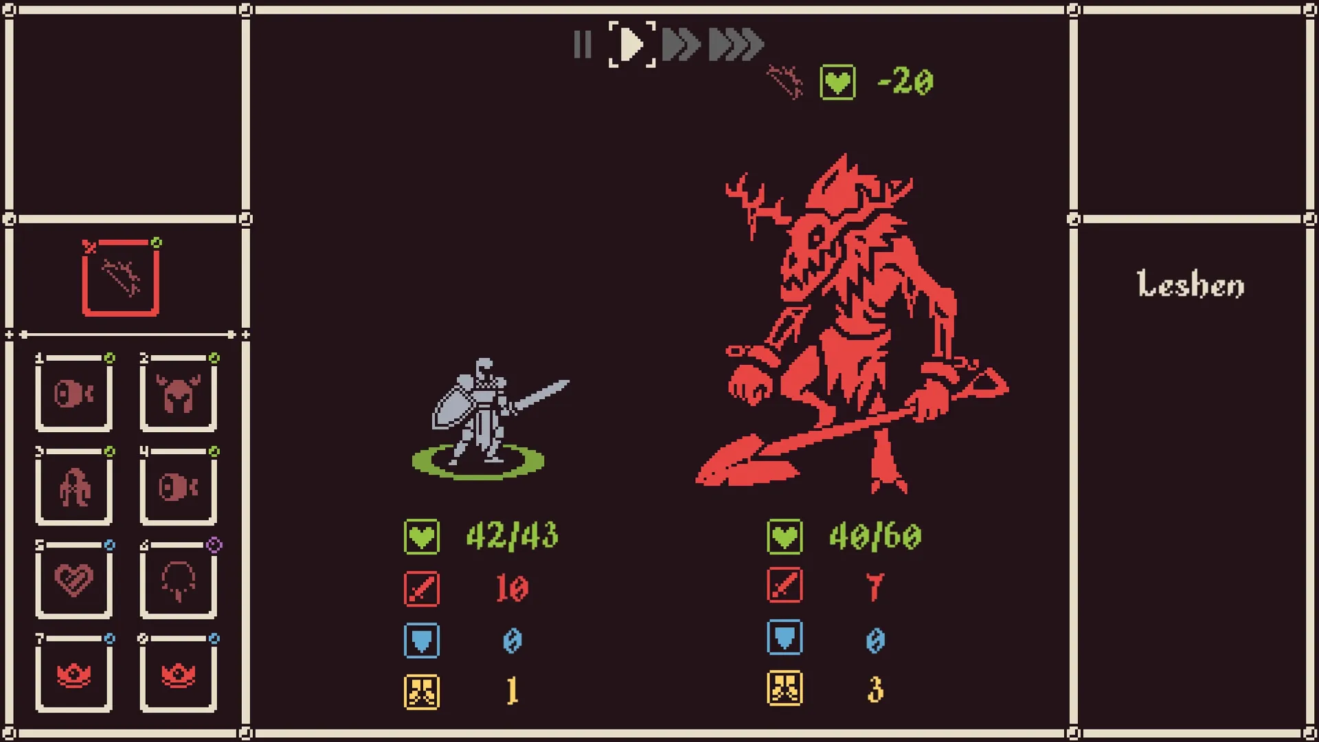 He is coming: Knight battles Leshen in combat interface with health and inventory on screen