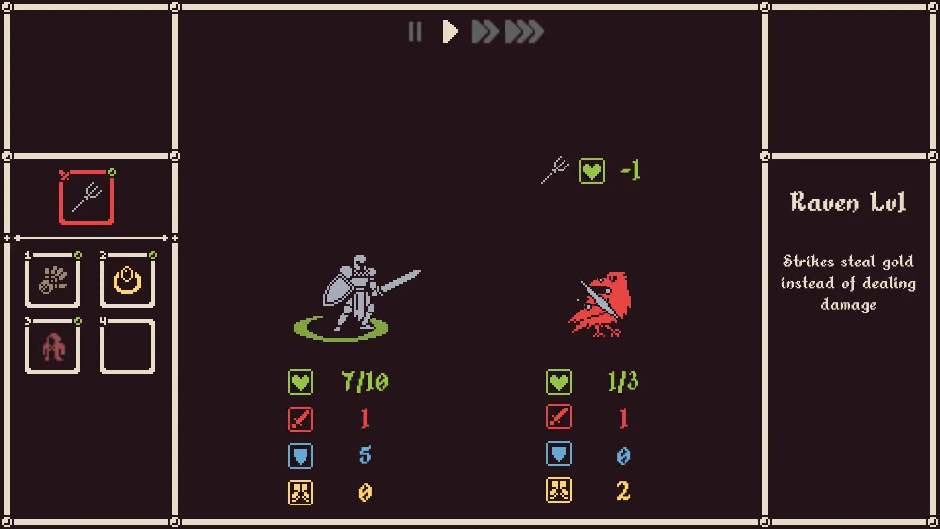 He is coming: Knight battles red raven in turn-based combat, inventory and stats displayed on screen