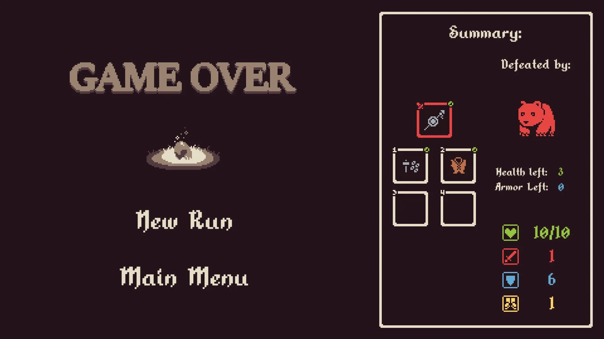 He is coming: Game Over screen with summary of defeat by red enemy and options for new run or menu