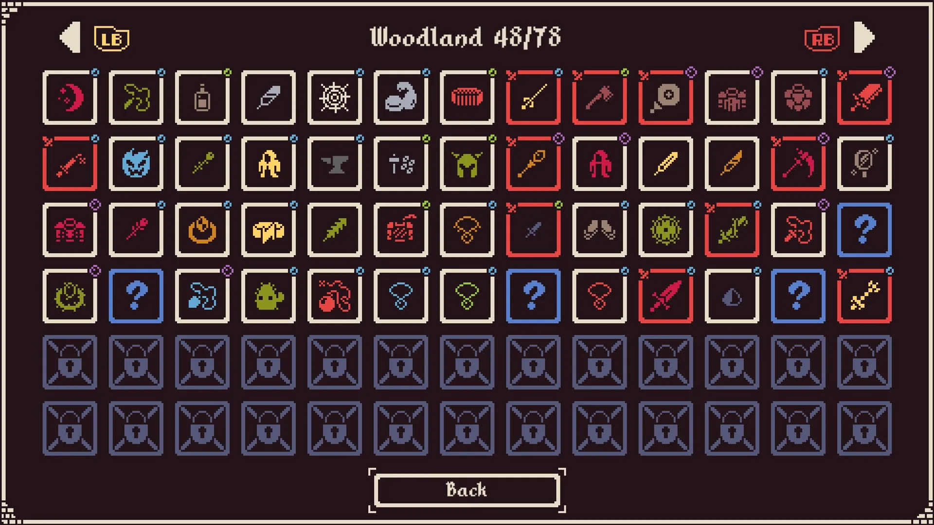 He is coming: Inventory grid with various icons and locked slots in the Woodland area interface