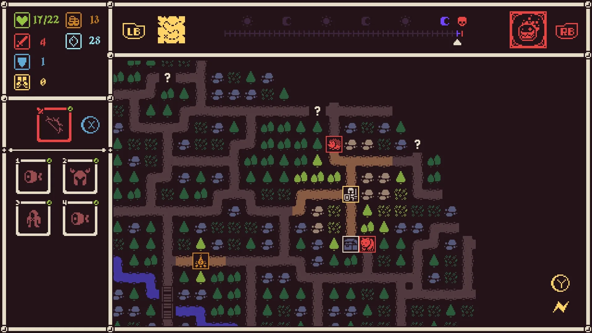 He is coming: Overhead map view with character stats on the left and pathways through forest tiles