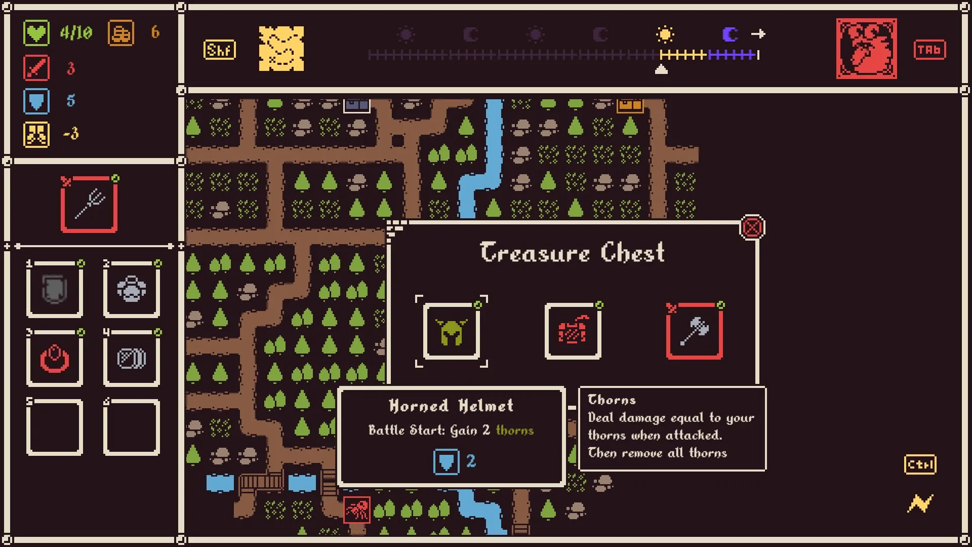 He is coming: Treasure chest selection with horned helmet and axe in pixel art forest environment