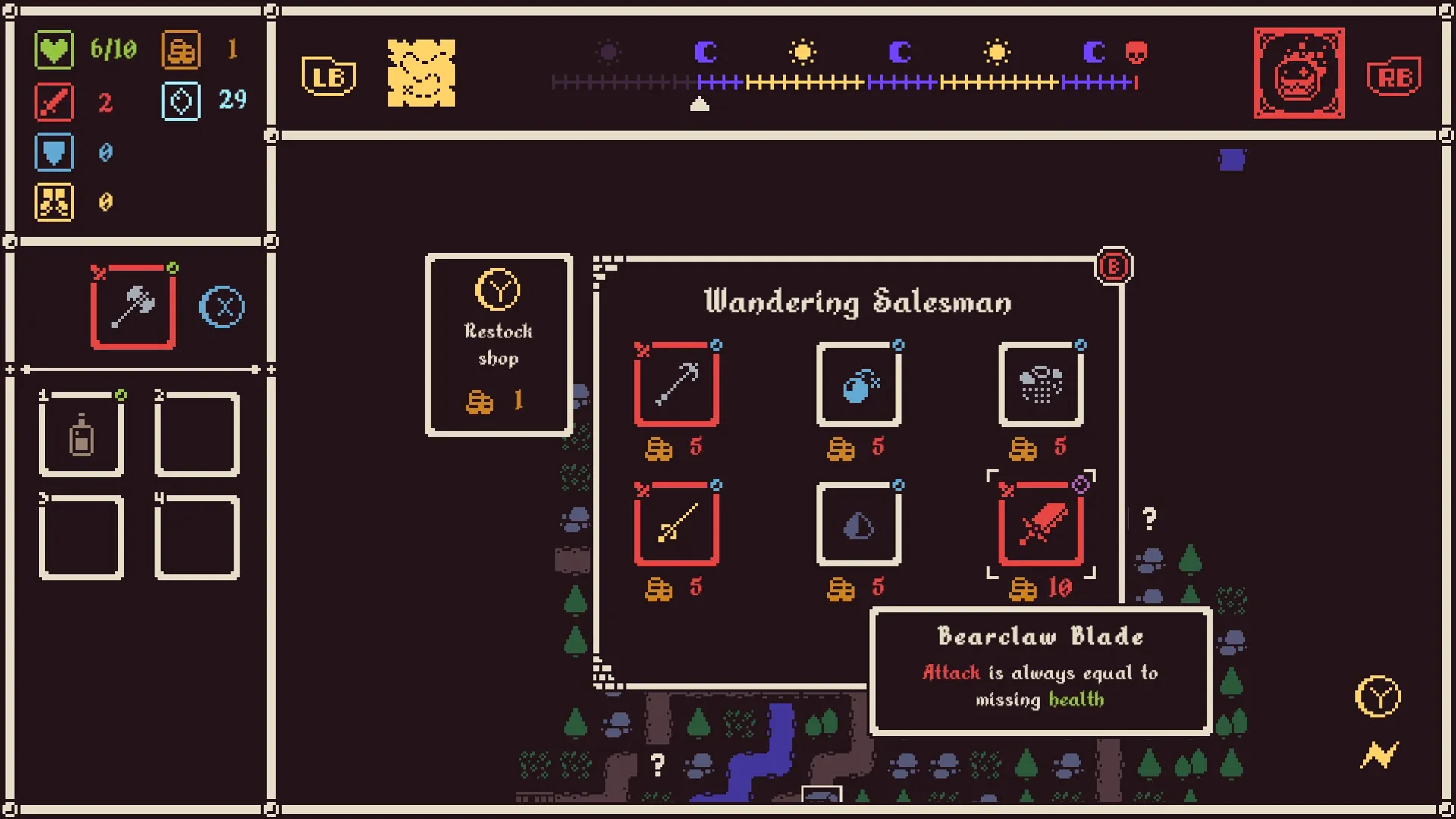 He is coming: Trading with Wandering Salesman in shop interface, selecting items to upgrade inventory