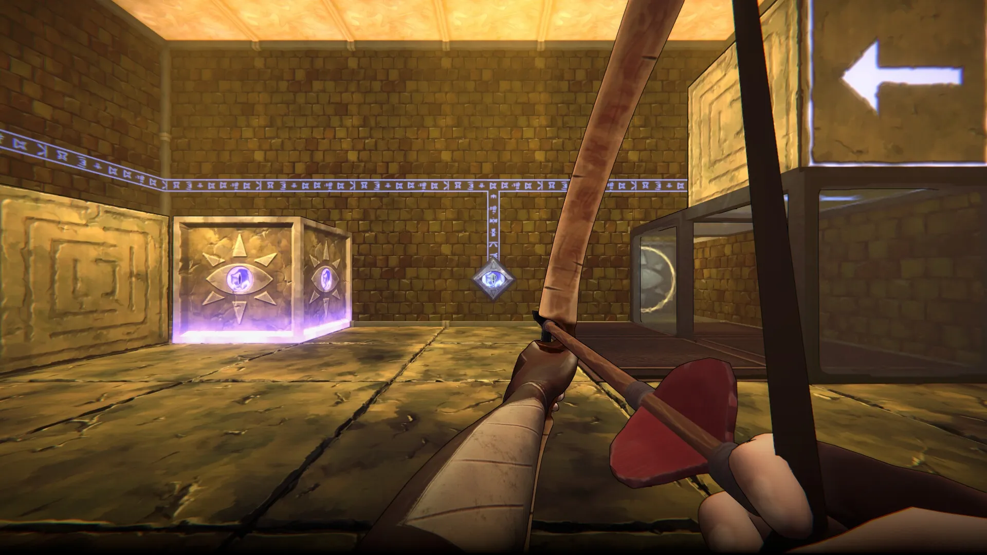 He Who Watches: First-person view aiming bow at glowing cube in a stone-walled dungeon room with arrows.