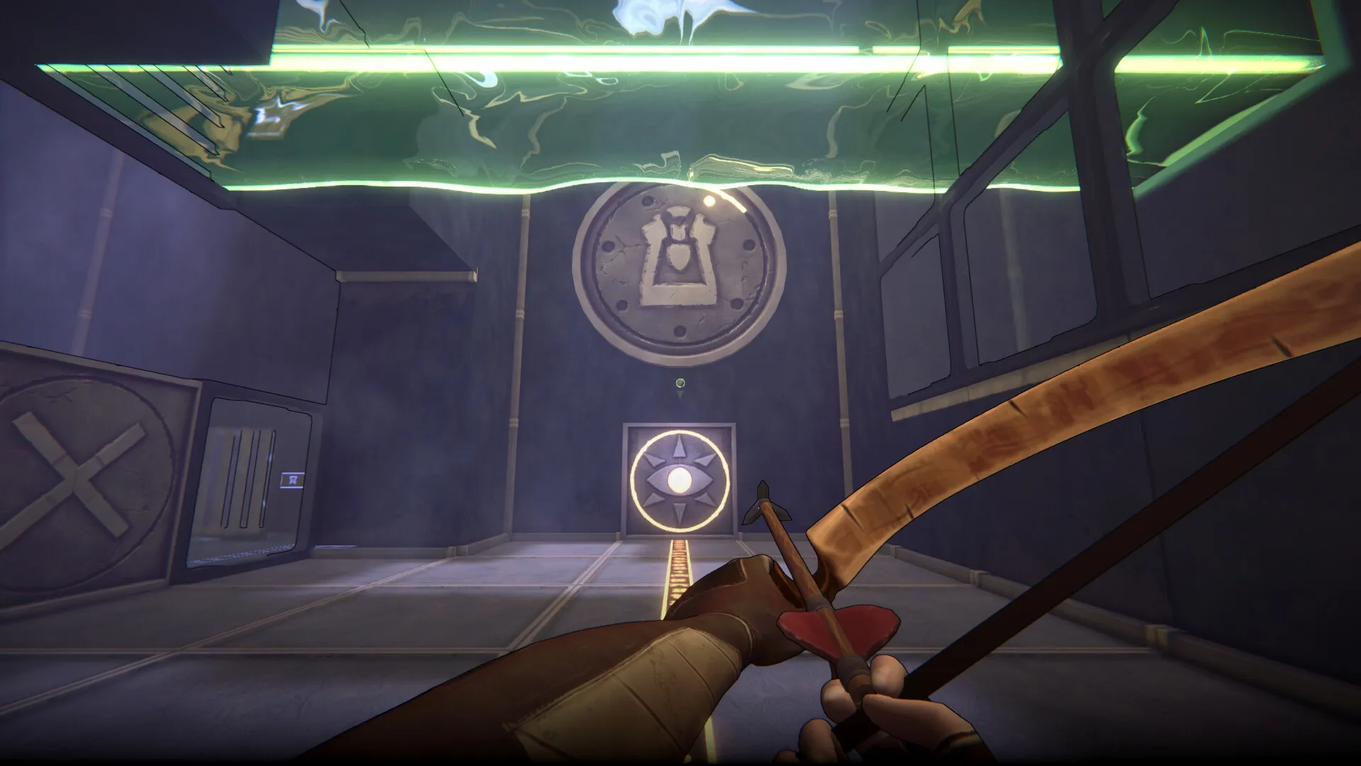 He Who Watches: Player aims bow in a futuristic dungeon with glowing symbols and a ceiling portal