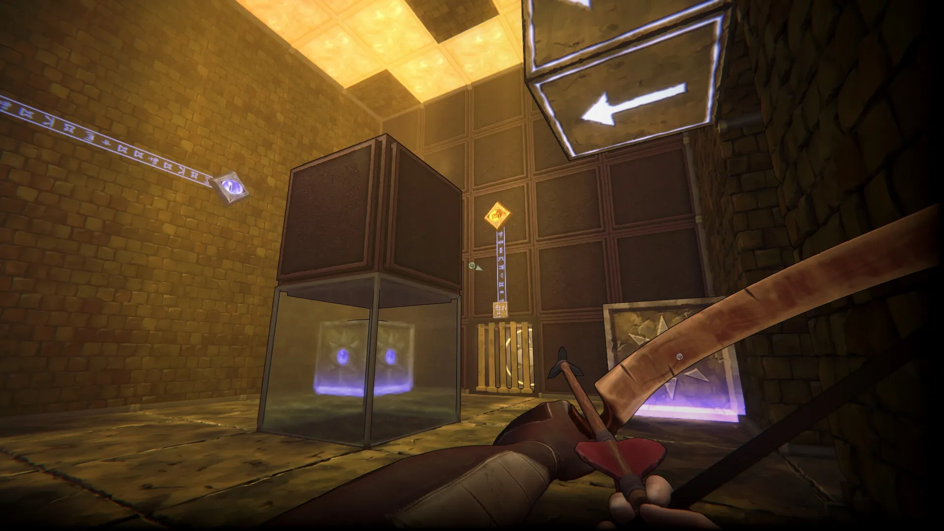 He Who Watches: First-person view with bow aiming in a glowing puzzle room with floating arrows