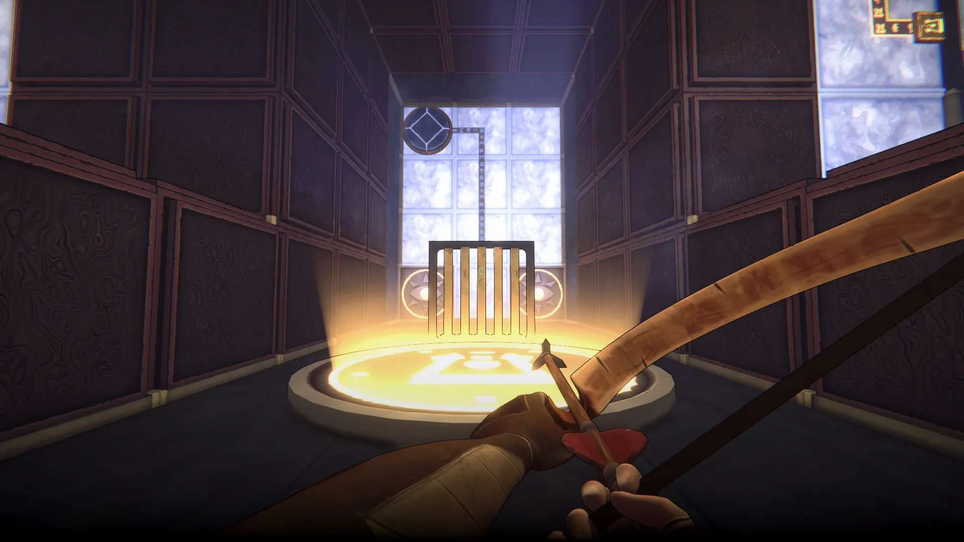 He Who Watches: First-person view aiming a bow at glowing puzzle gate in a mystical dungeon room