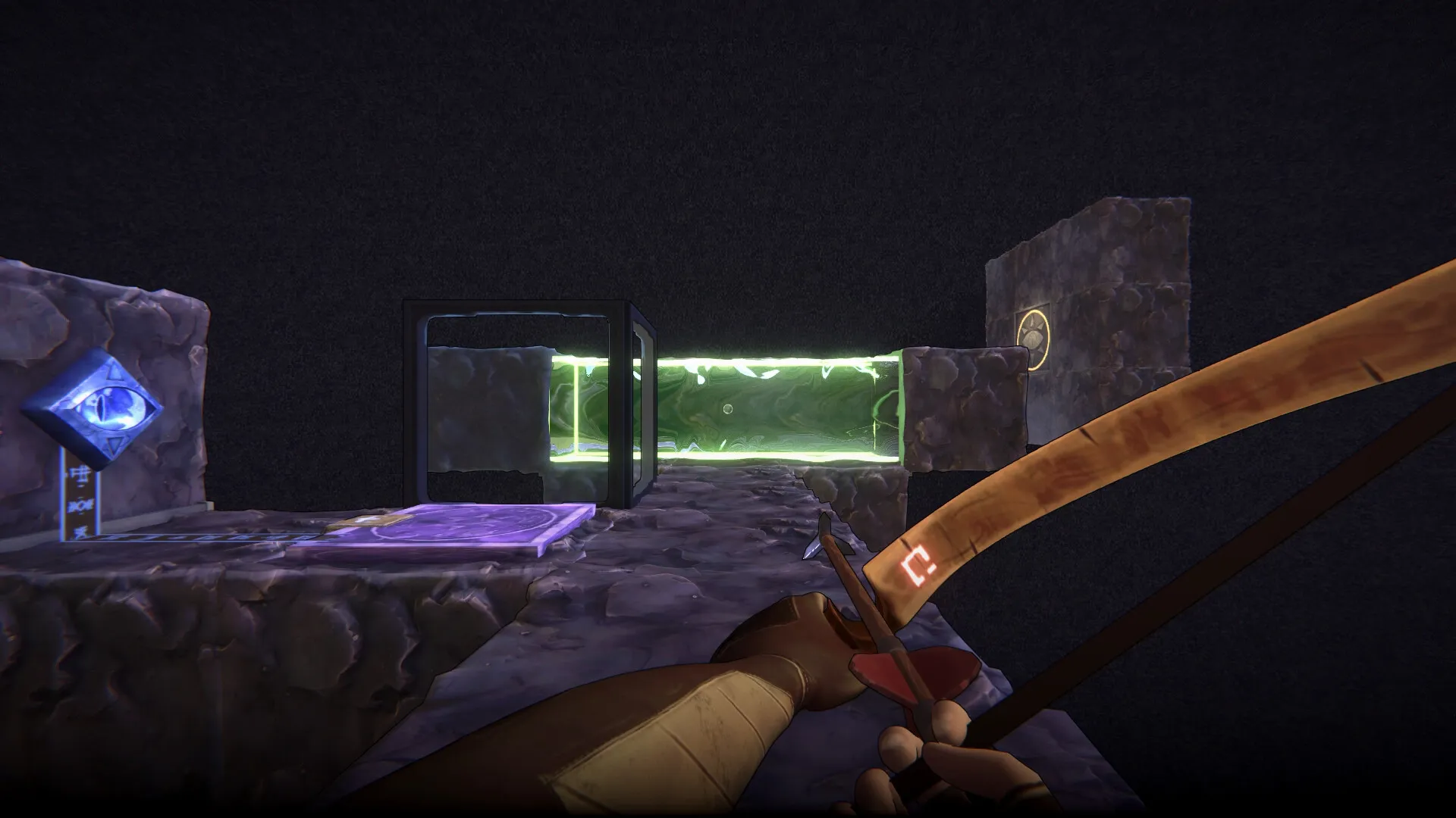 He Who Watches: First-person view with bow drawn, facing glowing green corridor in stone dungeon