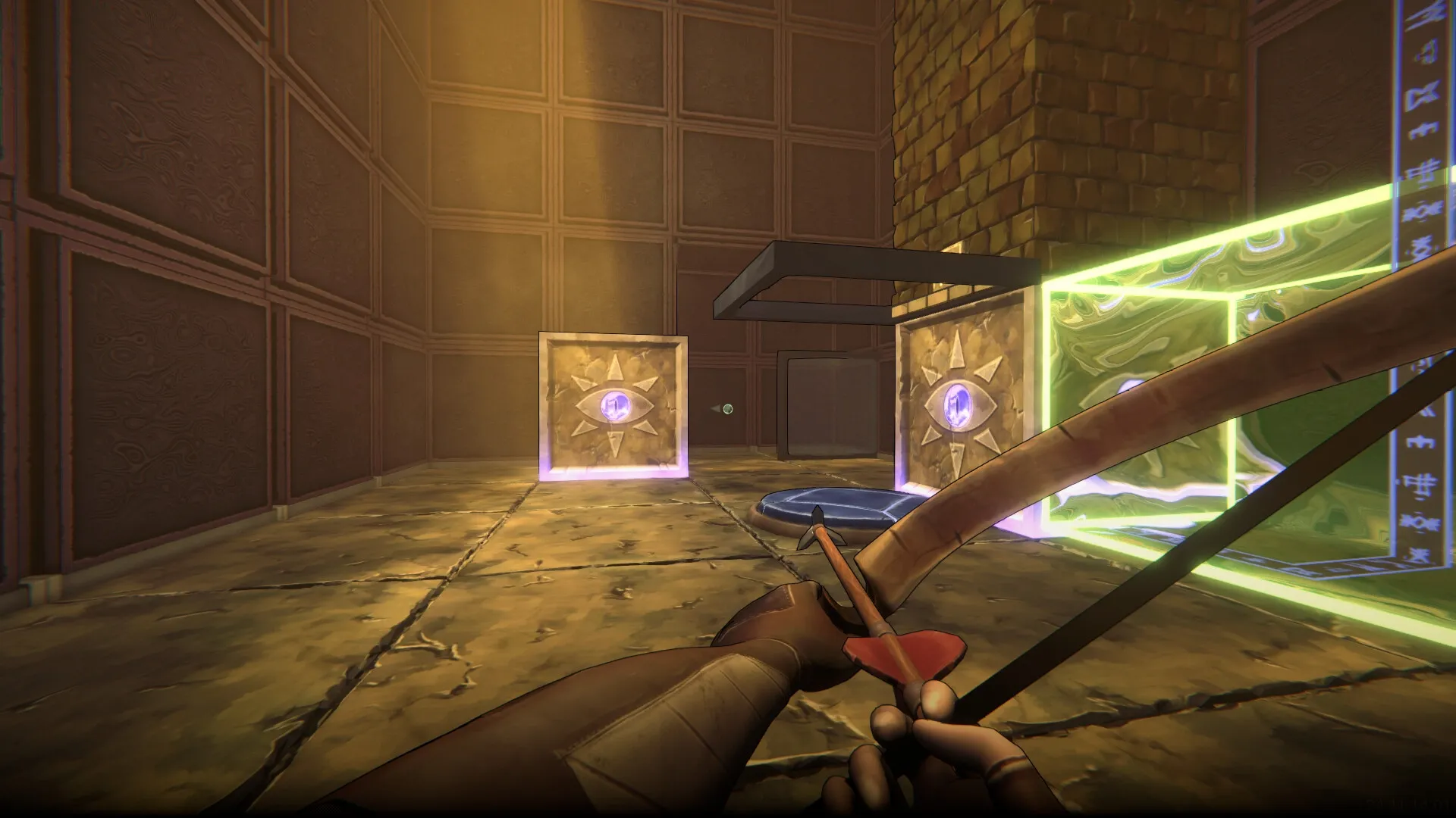 He Who Watches: First-person view with bow and arrow in glowing cube-filled dungeon room
