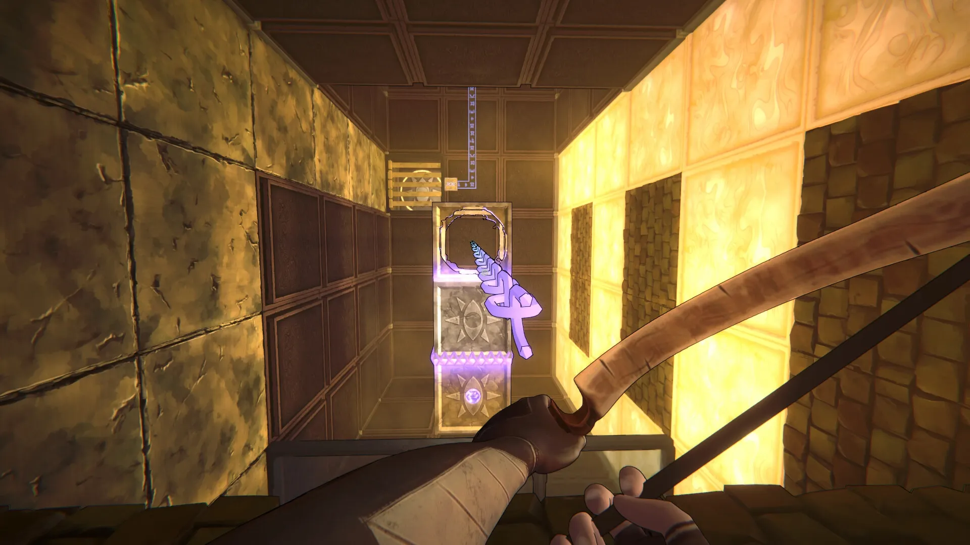 He Who Watches: First-person view aiming bow in glowing dungeon corridor with mystical symbols