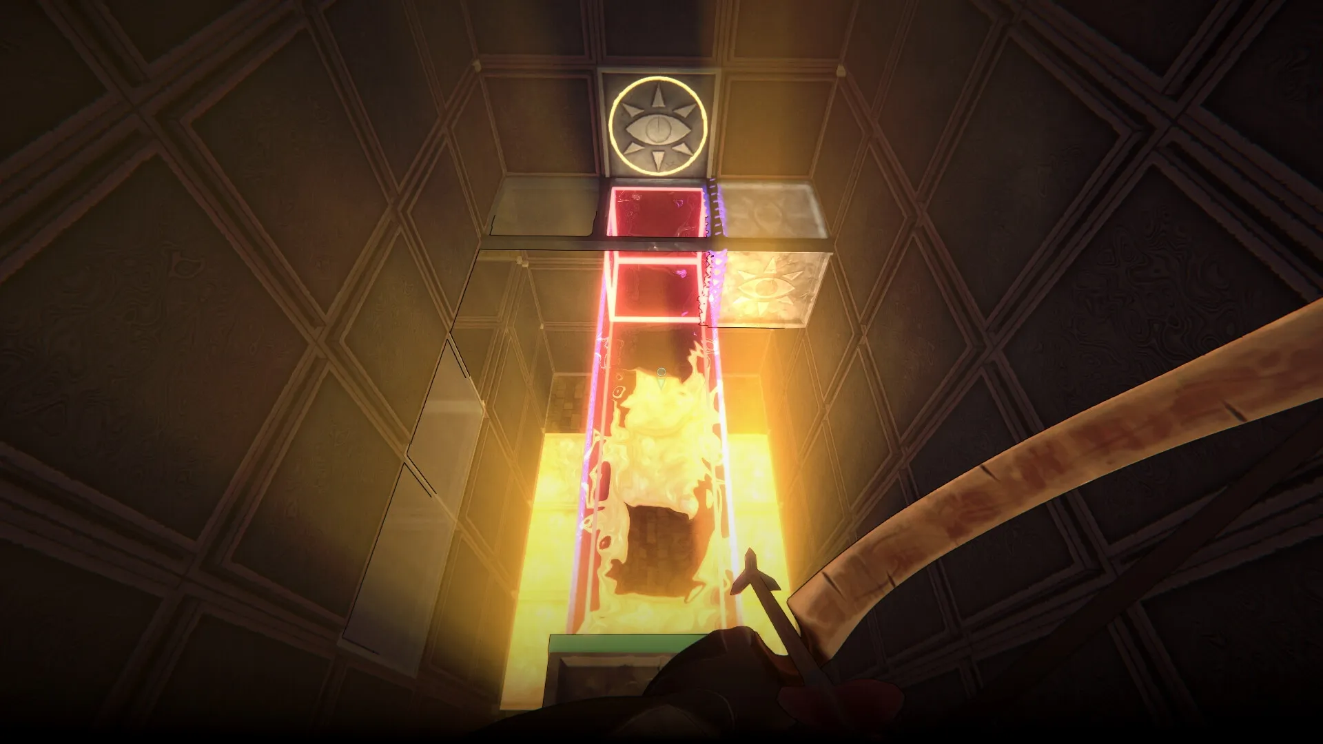 He Who Watches: Illuminated corridor with glowing blocks and eye symbol in dimly lit dungeon setting