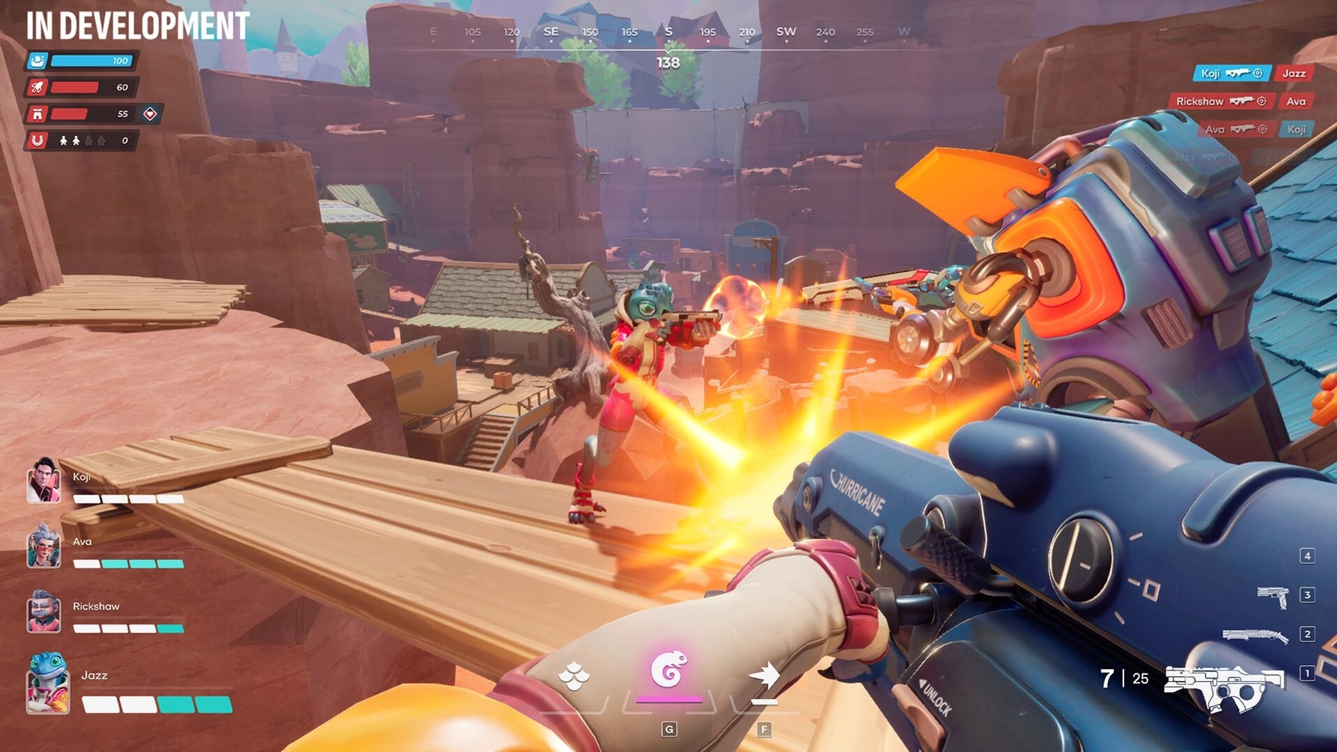 Heart Electric: First-person firefight with enemy on wooden bridge in canyon environment