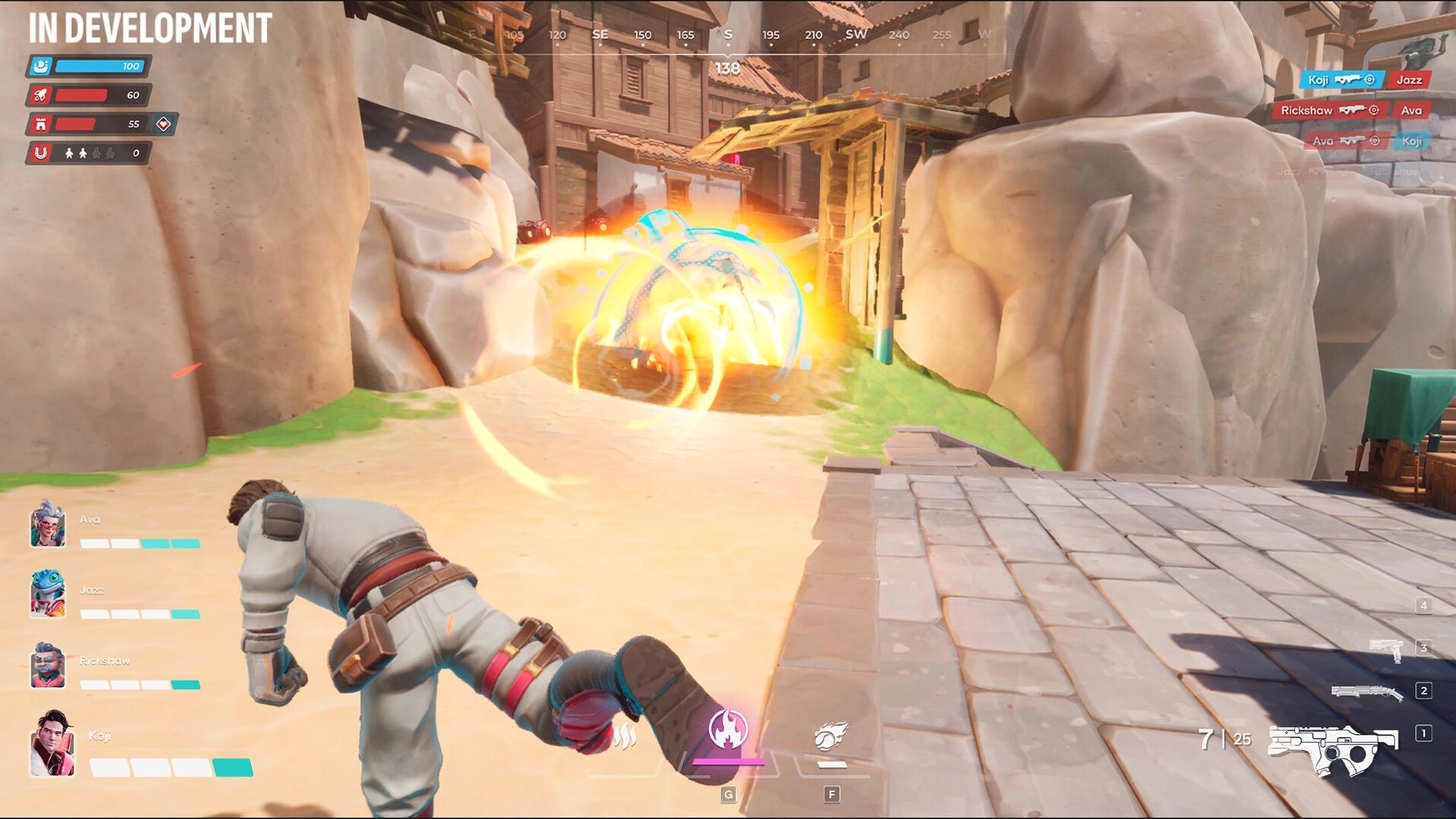 Heart Electric: Ava dodges explosive attack in rocky village, displaying health bars and weapon icons.