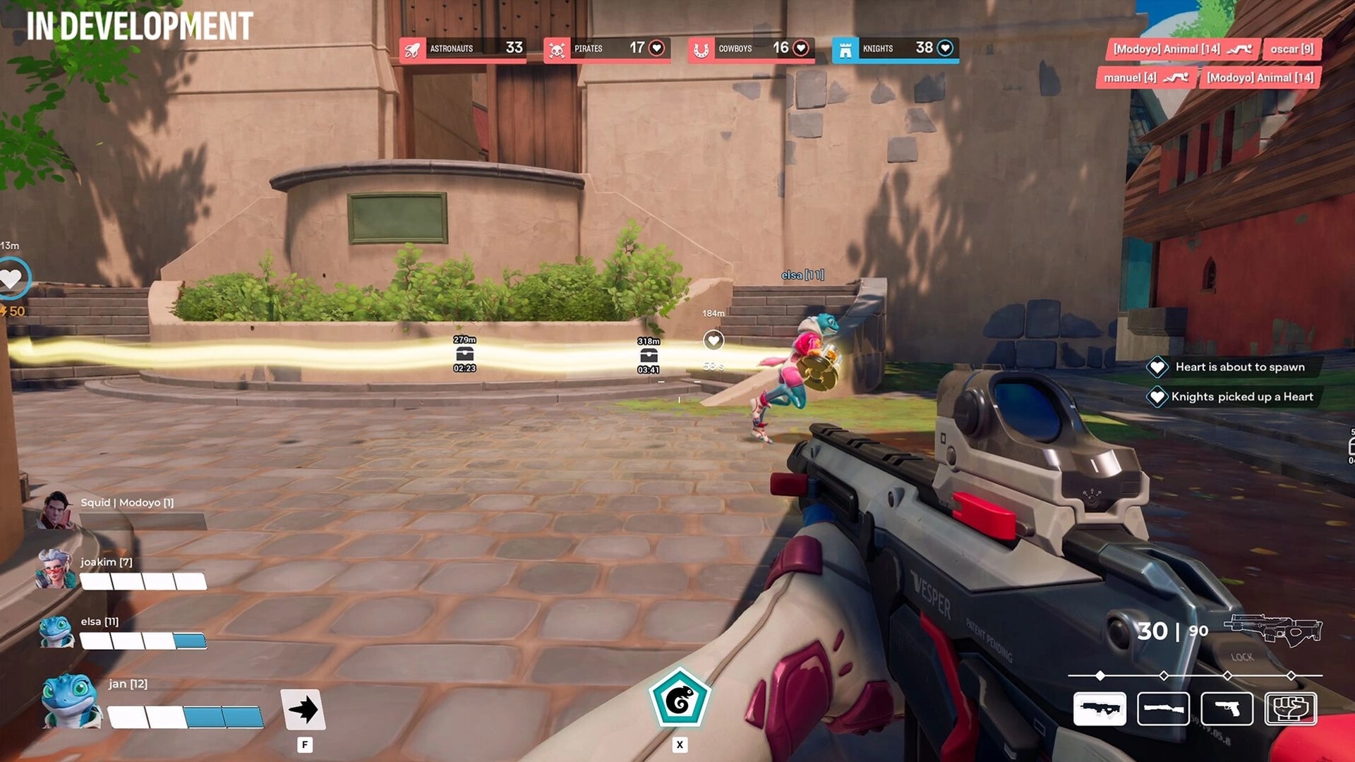 Heart Electric: First-person view aiming at elsa in a courtyard with HUD showing team status and messages